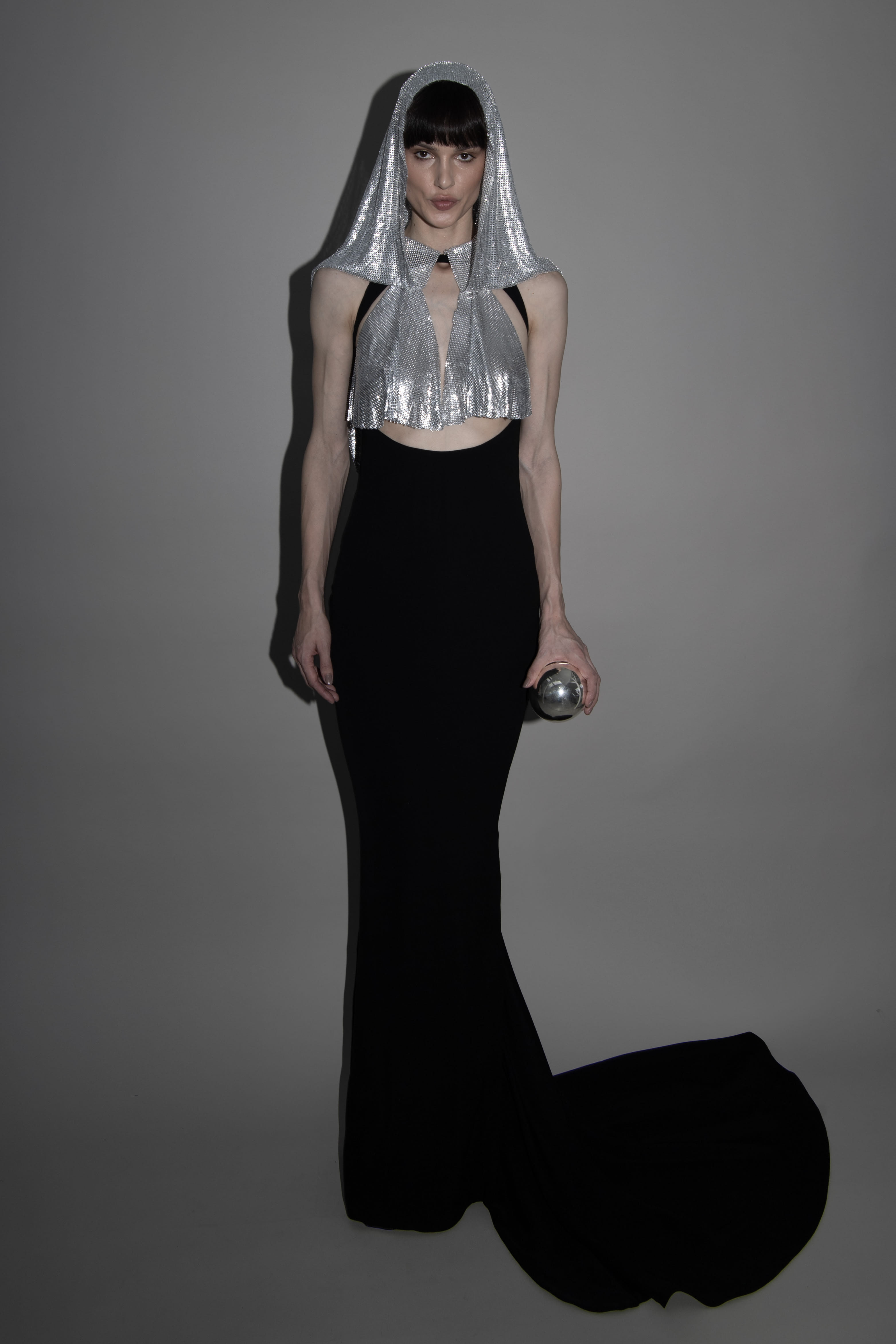 metallic hooded gown in Black made by Vestiaire d'un Oiseau Libre