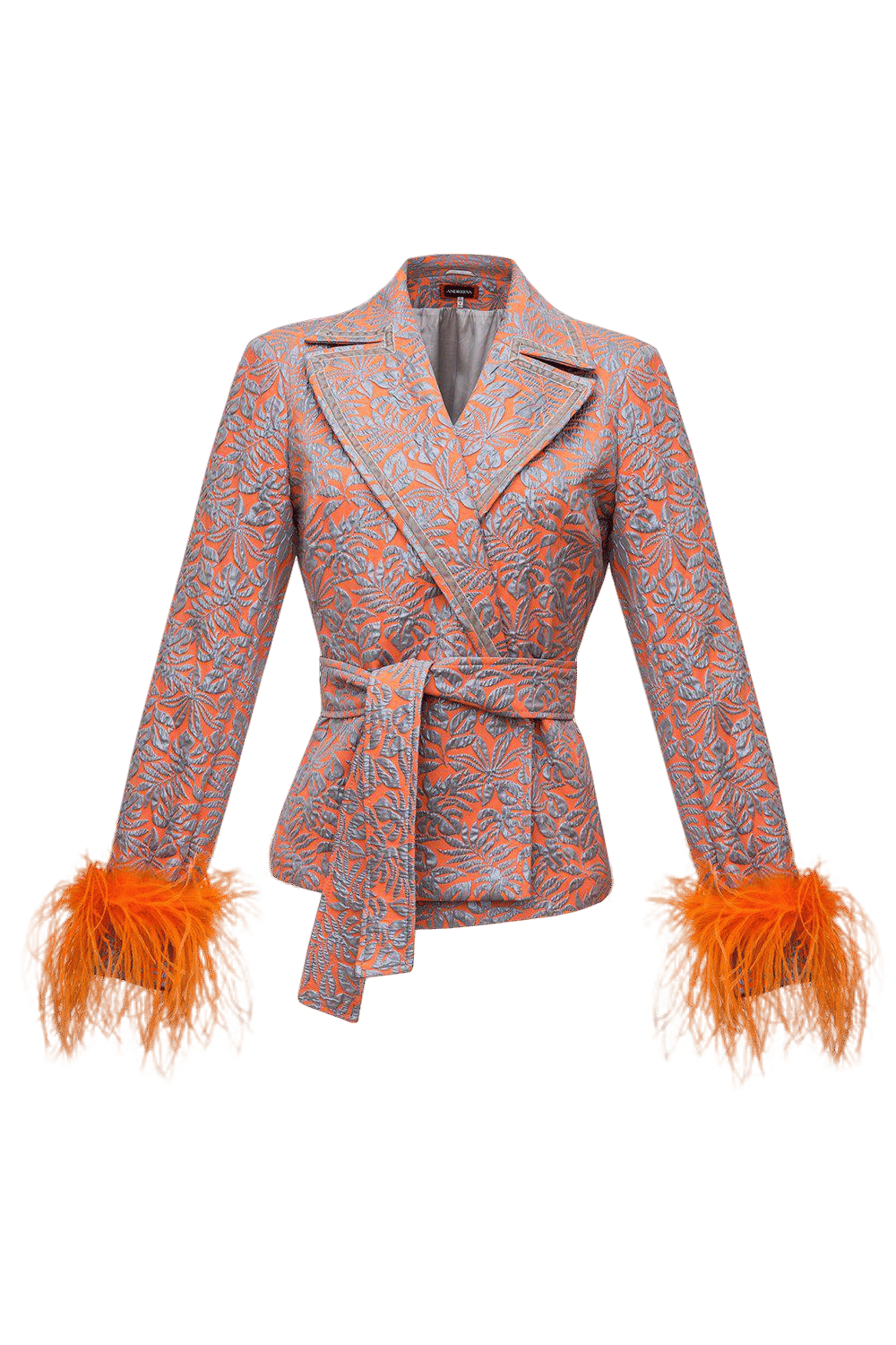 Orange Jacquard Jacket №22 with detachable feather cuffs made by ANDREEVA