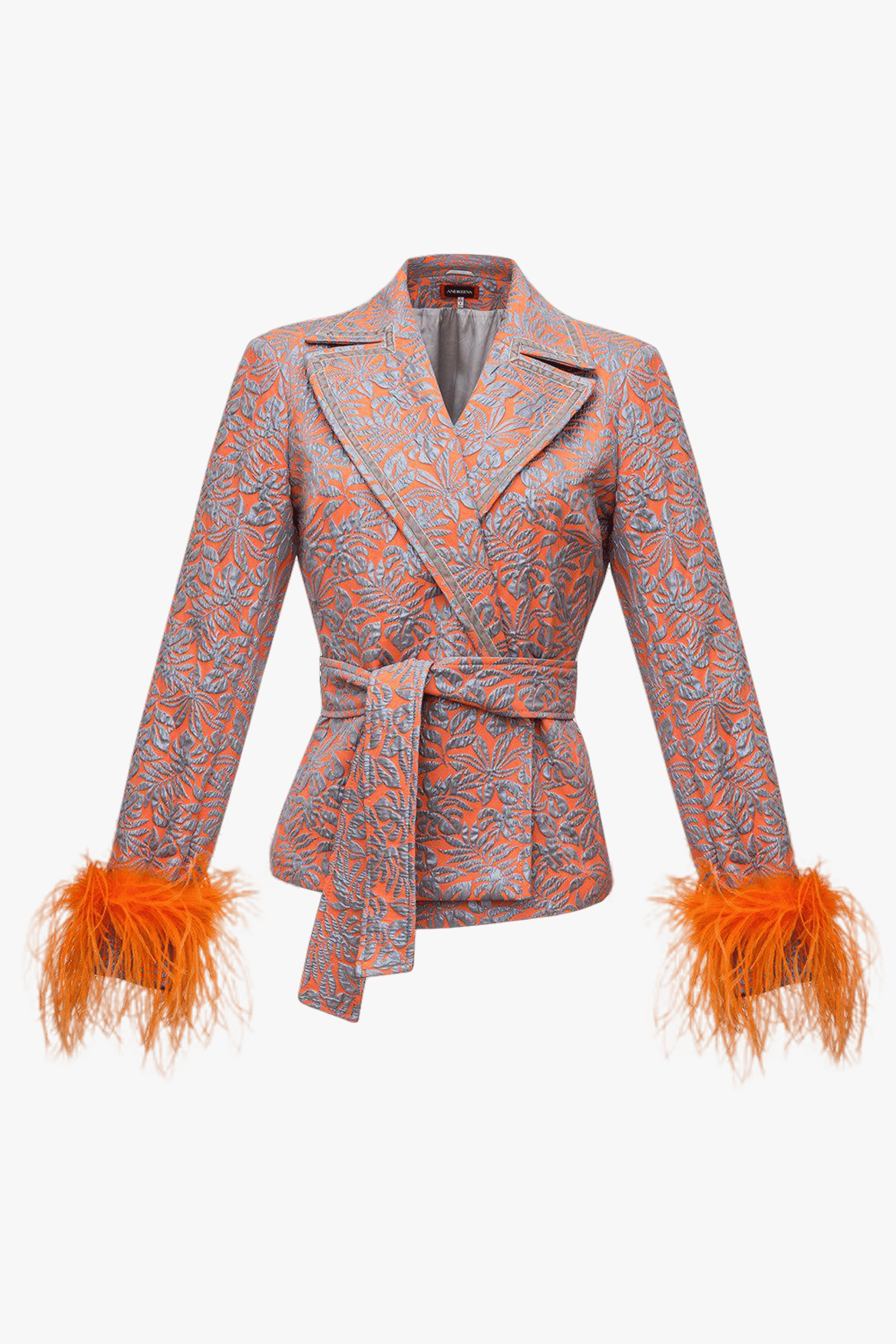 Orange Jacquard Jacket №22 with detachable feather cuffs made by ANDREEVA
