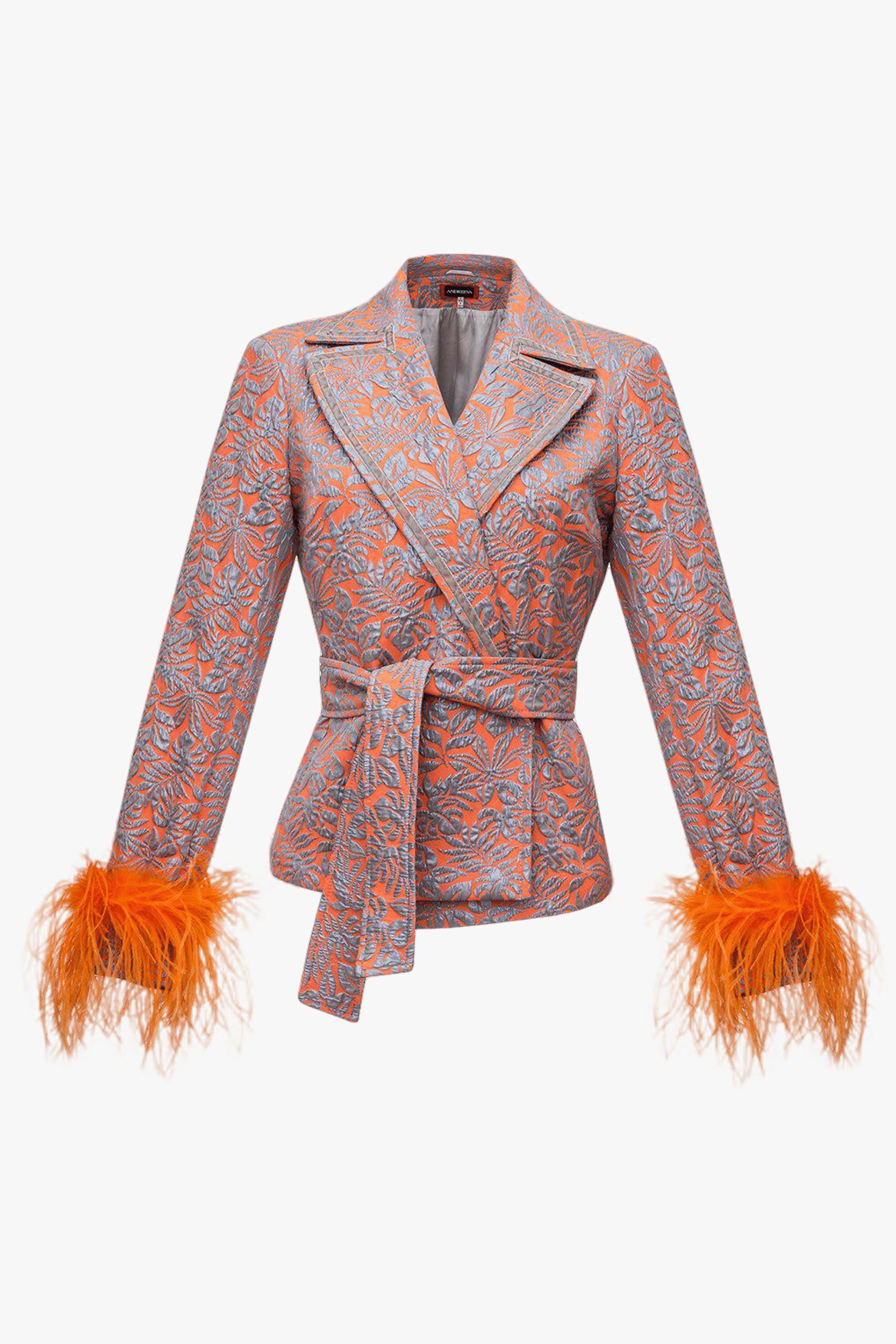 Orange Jacquard Jacket №22 with detachable feather cuffs made by ANDREEVA
