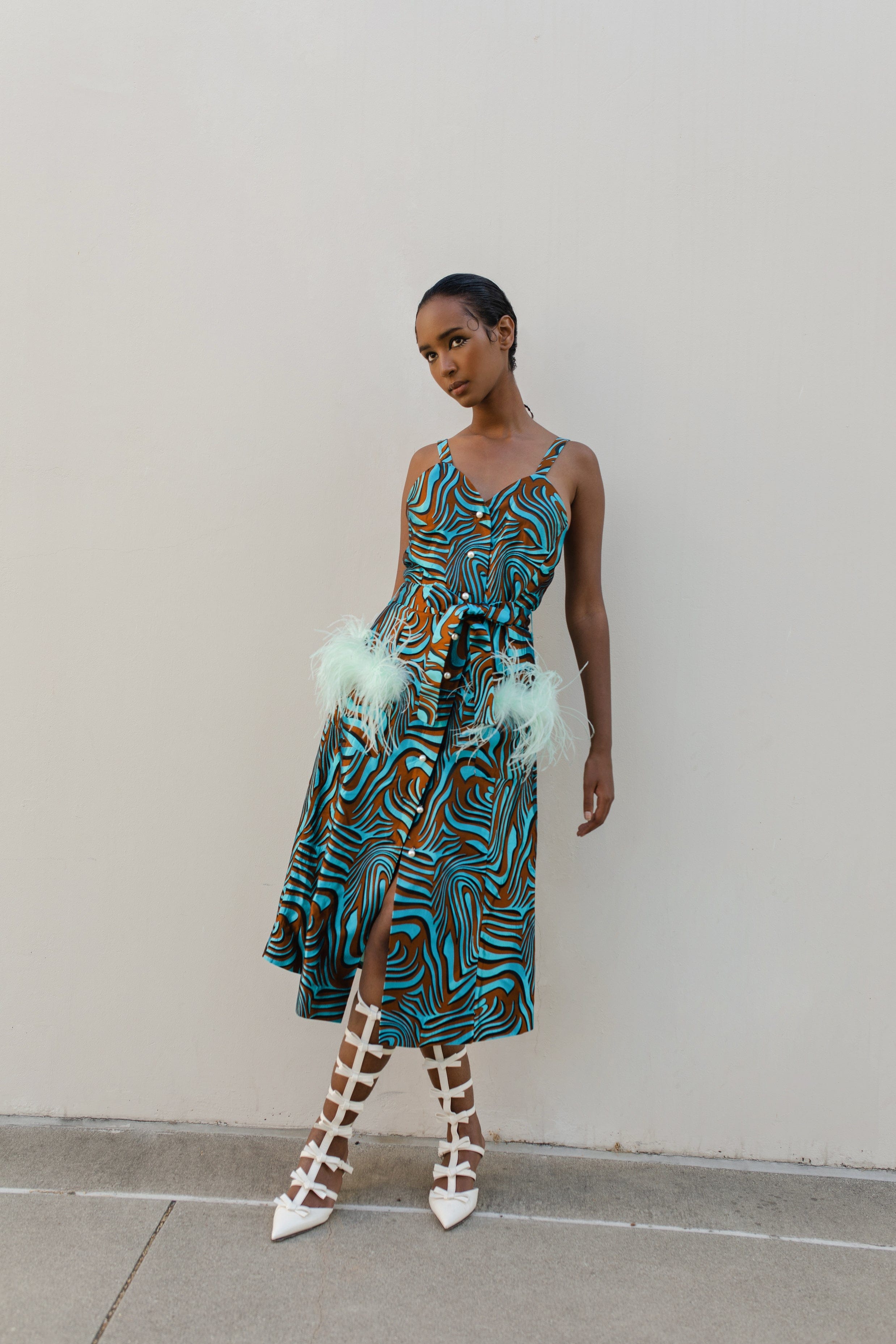 Mint Printed Dress With Feather Details And Pearl Buttons made by ANDREEVA