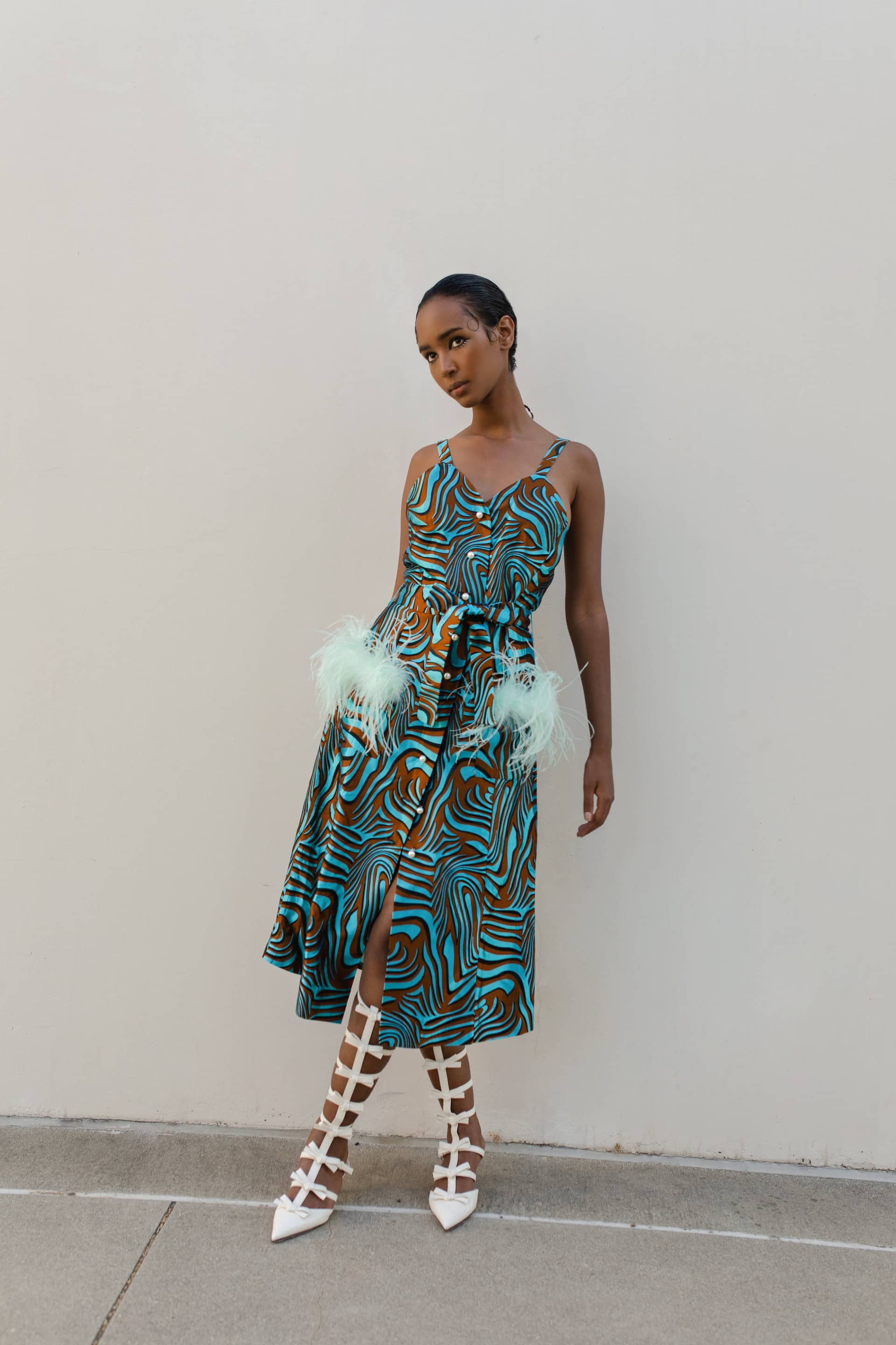 Mint Printed Dress With Feather Details And Pearl Buttons made by ANDREEVA