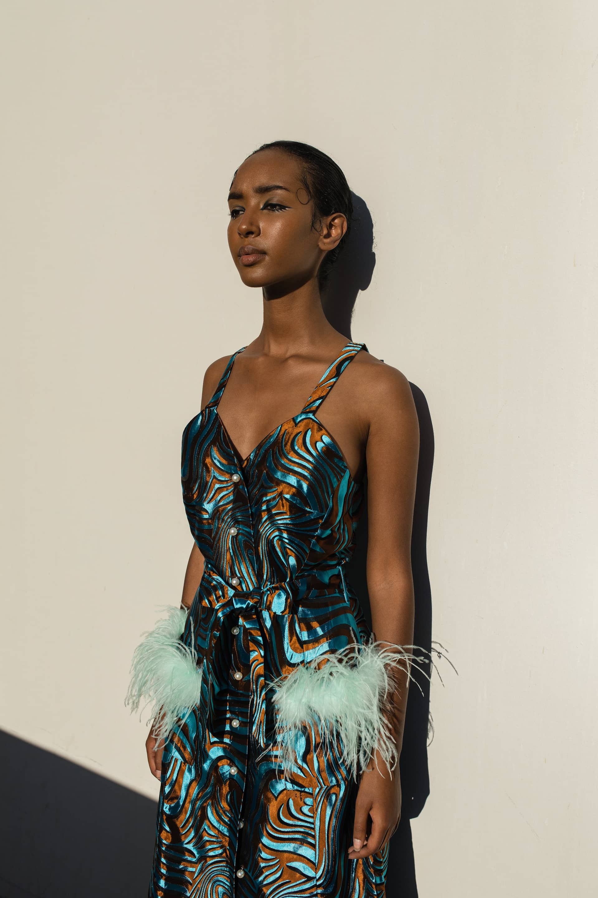 Mint Printed Dress With Feather Details And Pearl Buttons made by ANDREEVA