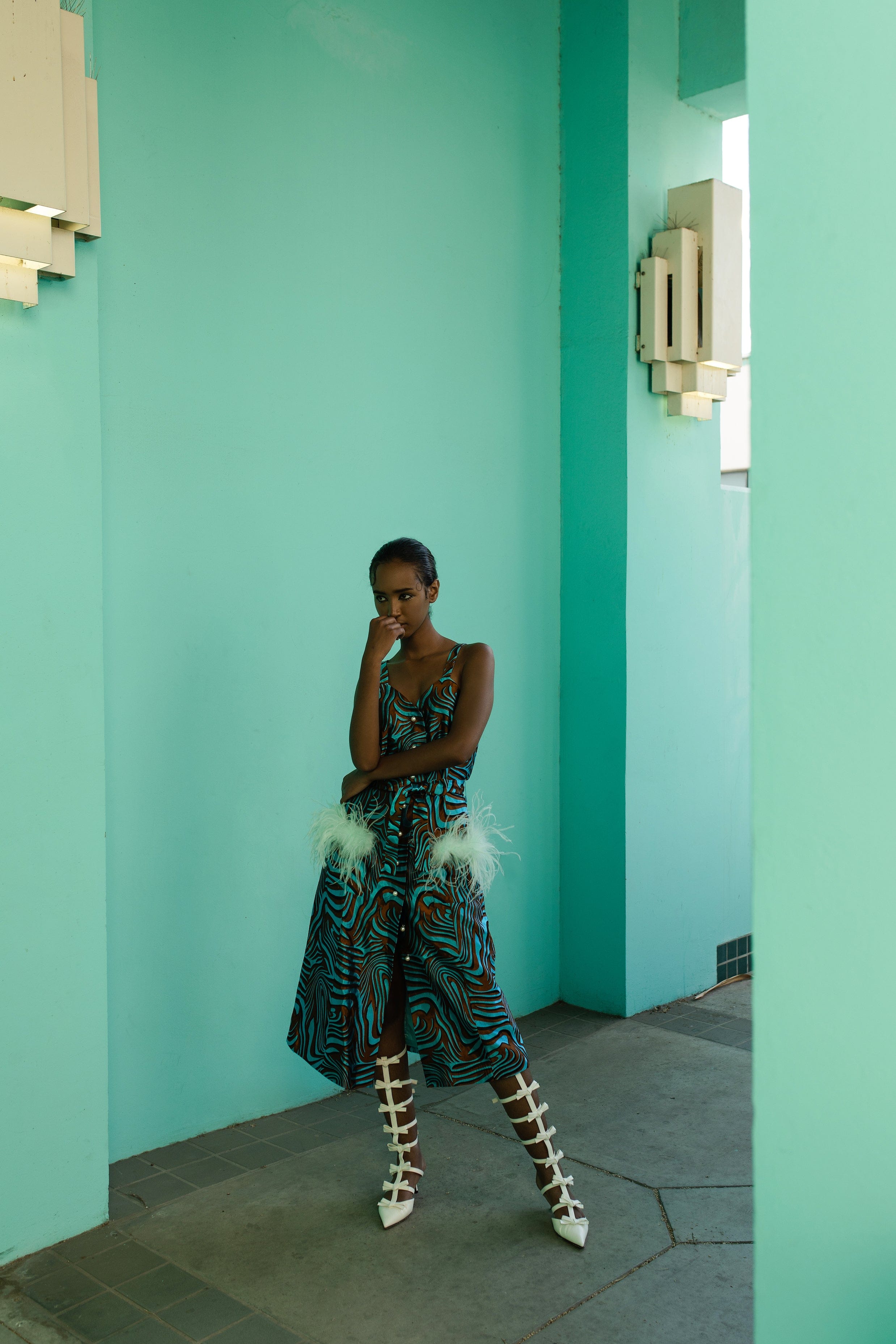 Mint Printed Dress With Feather Details And Pearl Buttons made by ANDREEVA