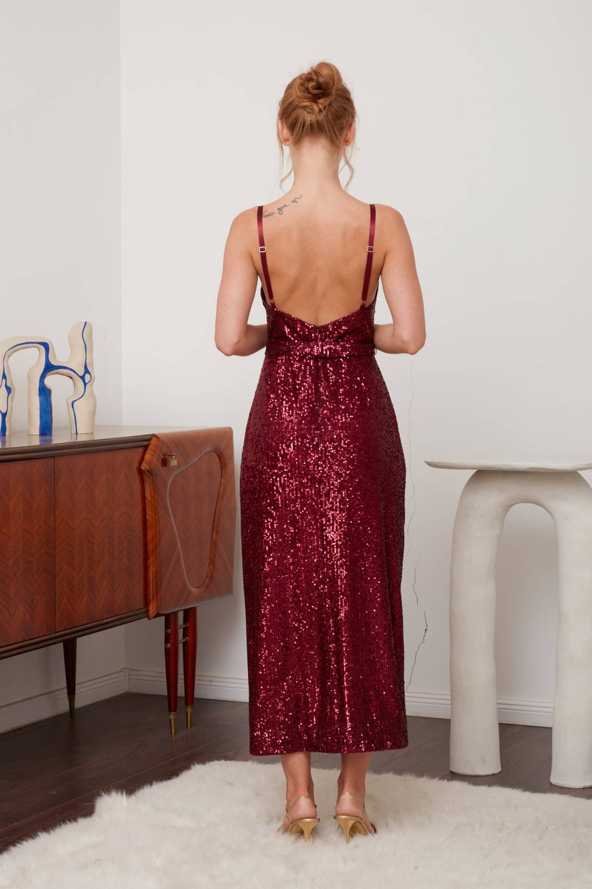 CHLOE deep red sequin open back cocktail dress made by UNDRESS