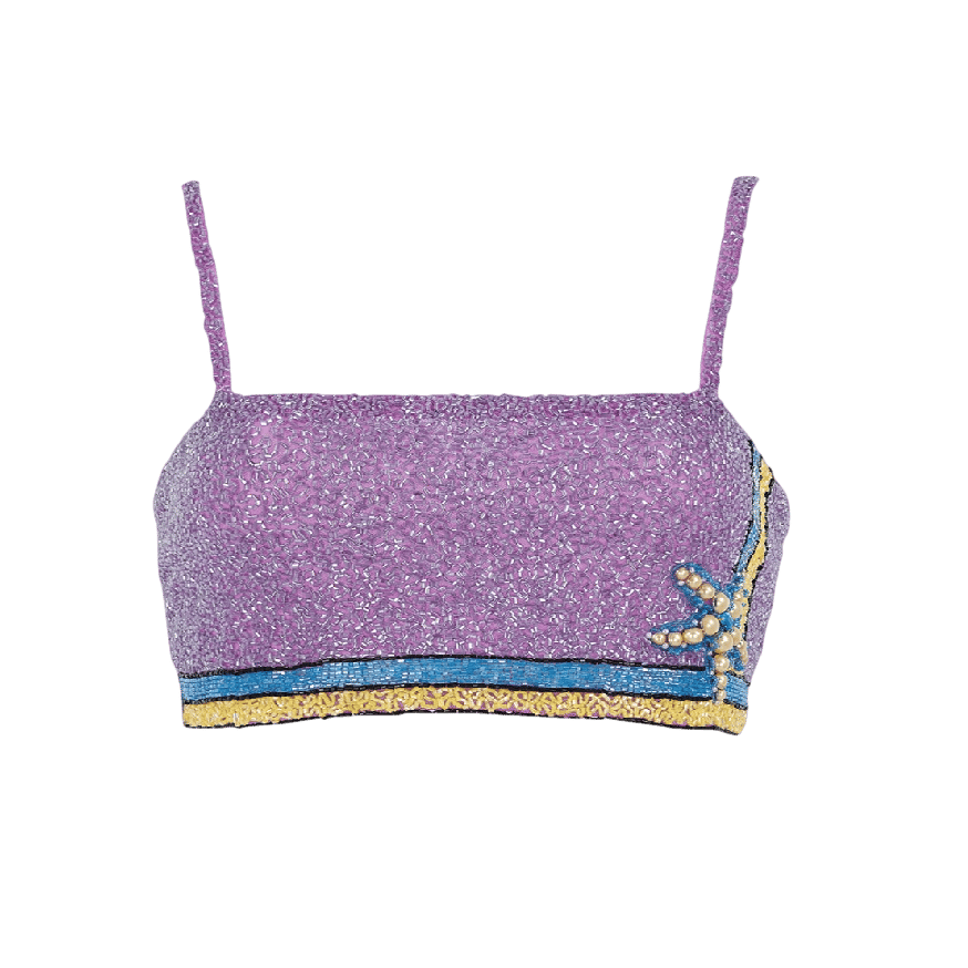 Monni Co-ord Hand Embroidered Crystal Purple Top in Purple made by Oceanus Swimwear