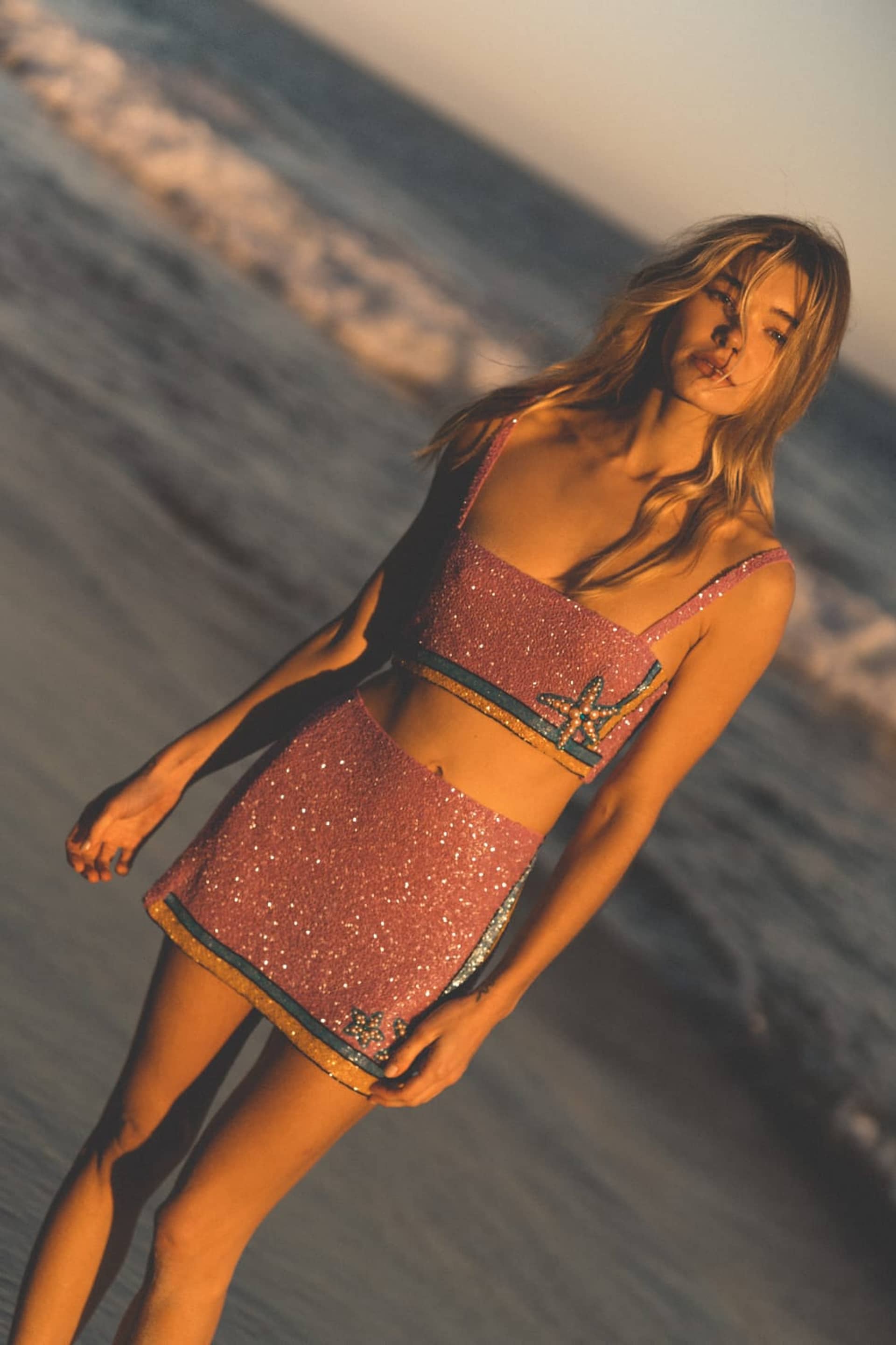 Monni Co-ord Hand Embroidered Crystal Purple Top in Purple made by Oceanus Swimwear