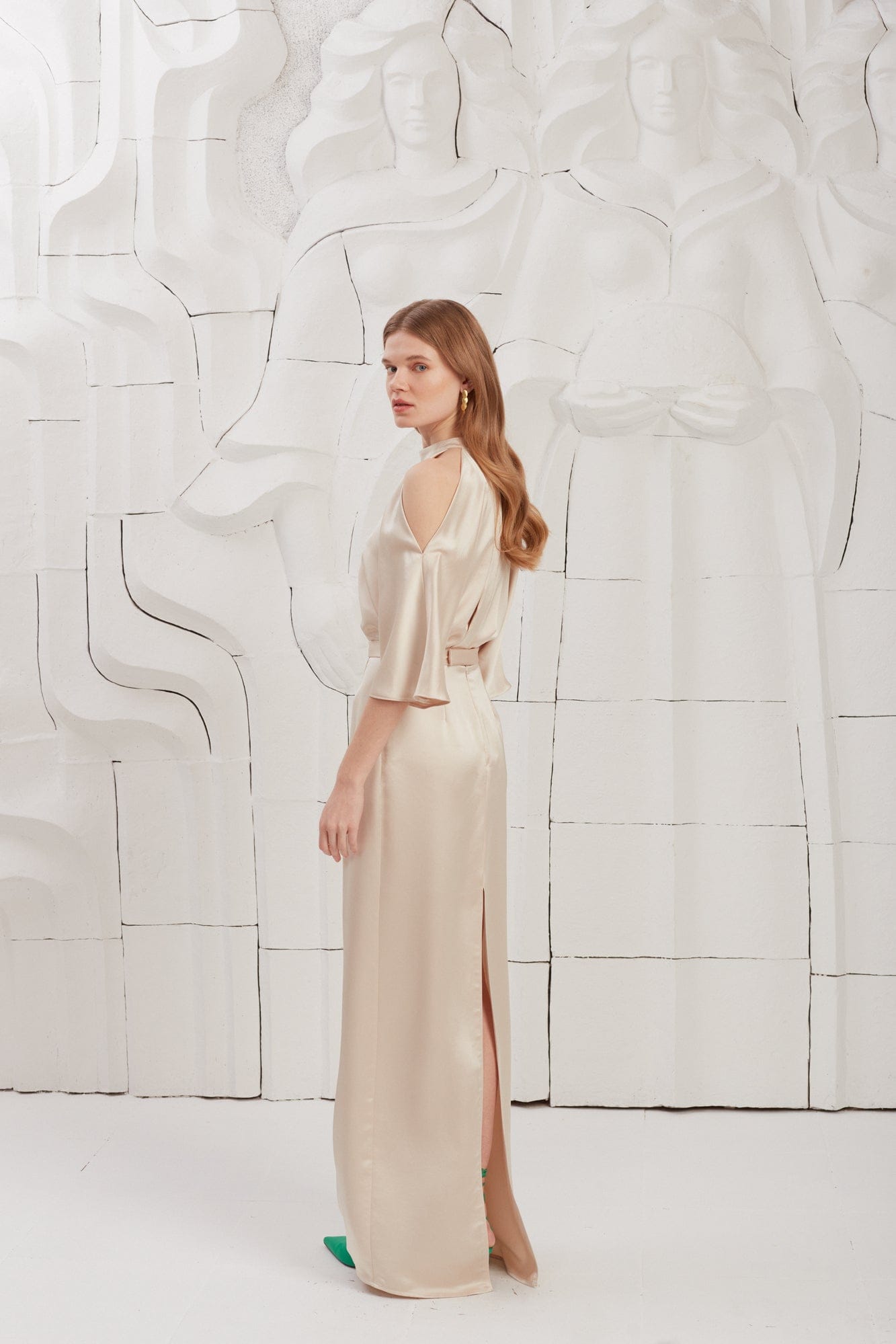 DEVA champagne cold shoulder maxi dress made by UNDRESS