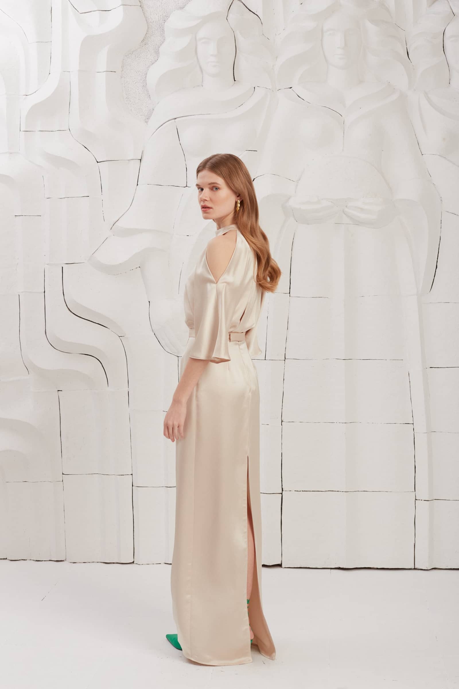DEVA champagne cold shoulder maxi dress made by UNDRESS