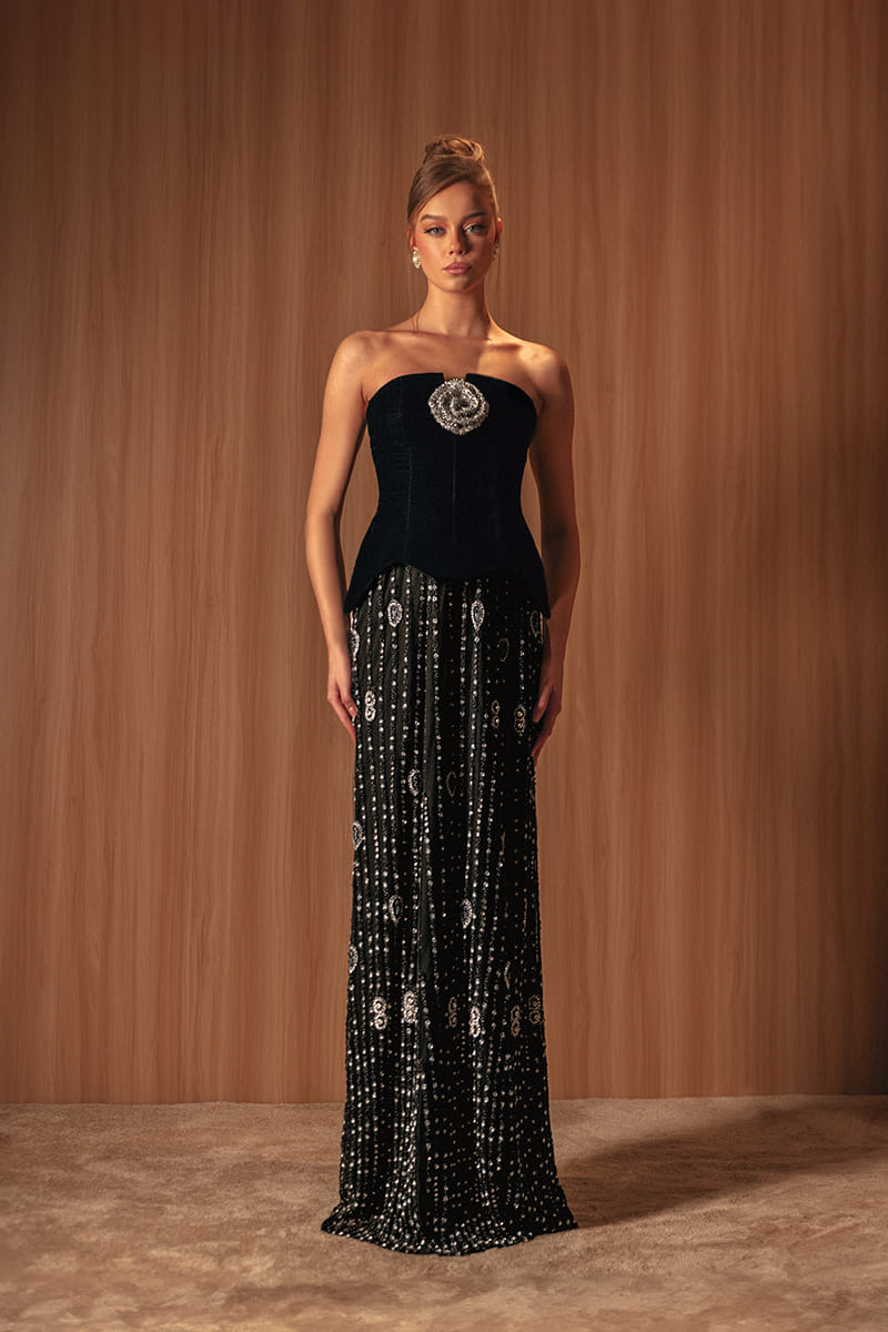 Embroidered Noir Velvet Gown made by Monika Dimova