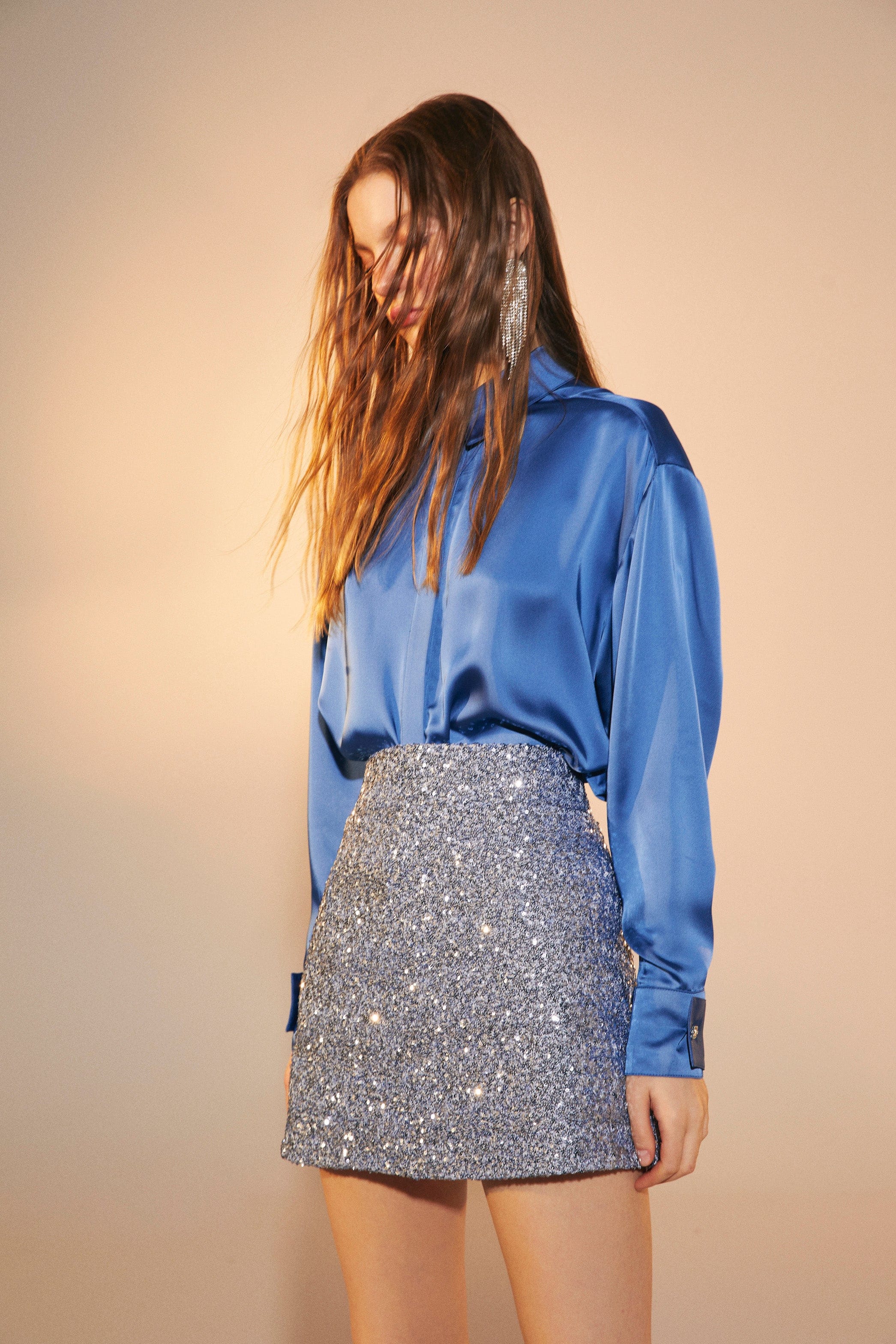 Ravenna Satin Shirt in French Blue in Blue made by Nazli Ceren