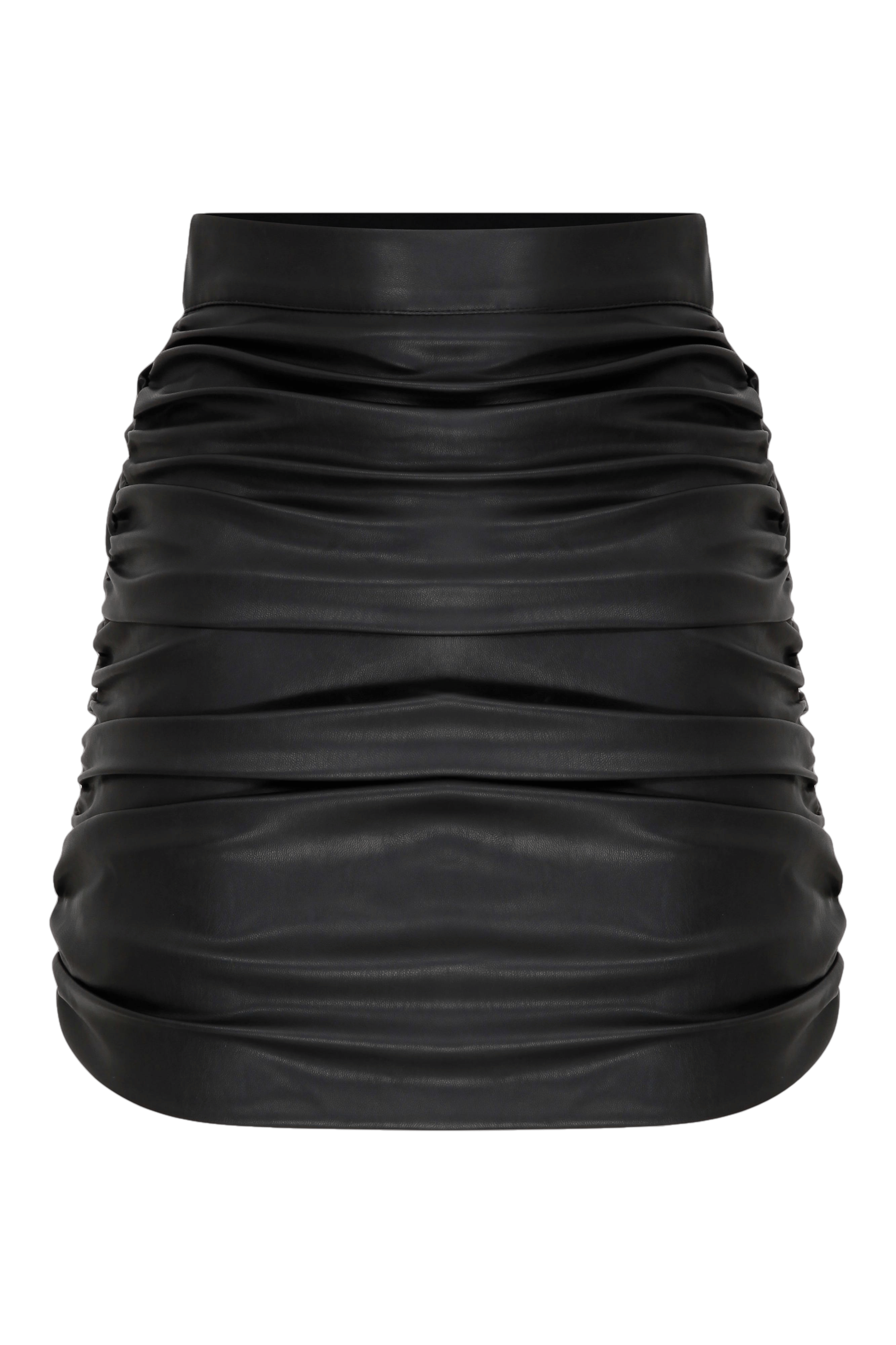 Chels Ruched Vegan Leather Mini Skirt in Black made by Nazli Ceren