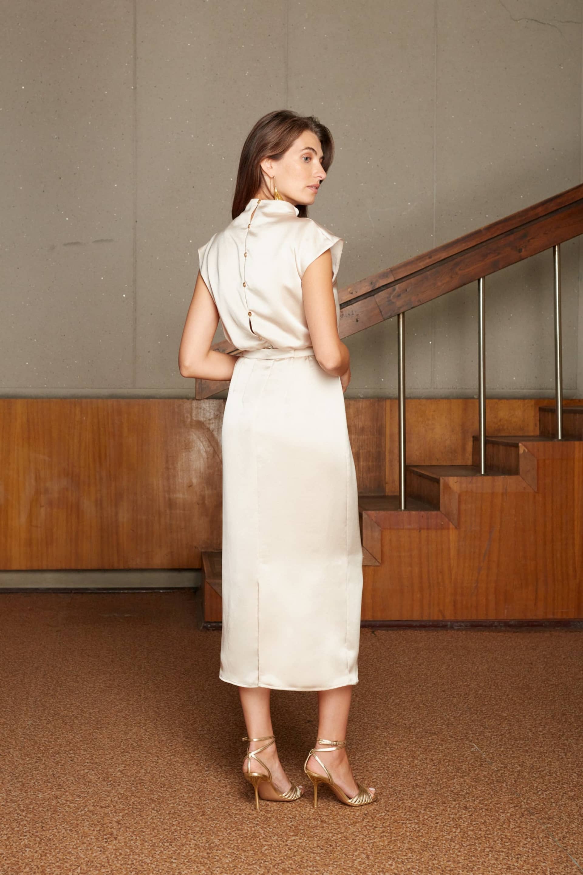 TESSA elegant beige satin kimono sleeves midi dress made by UNDRESS