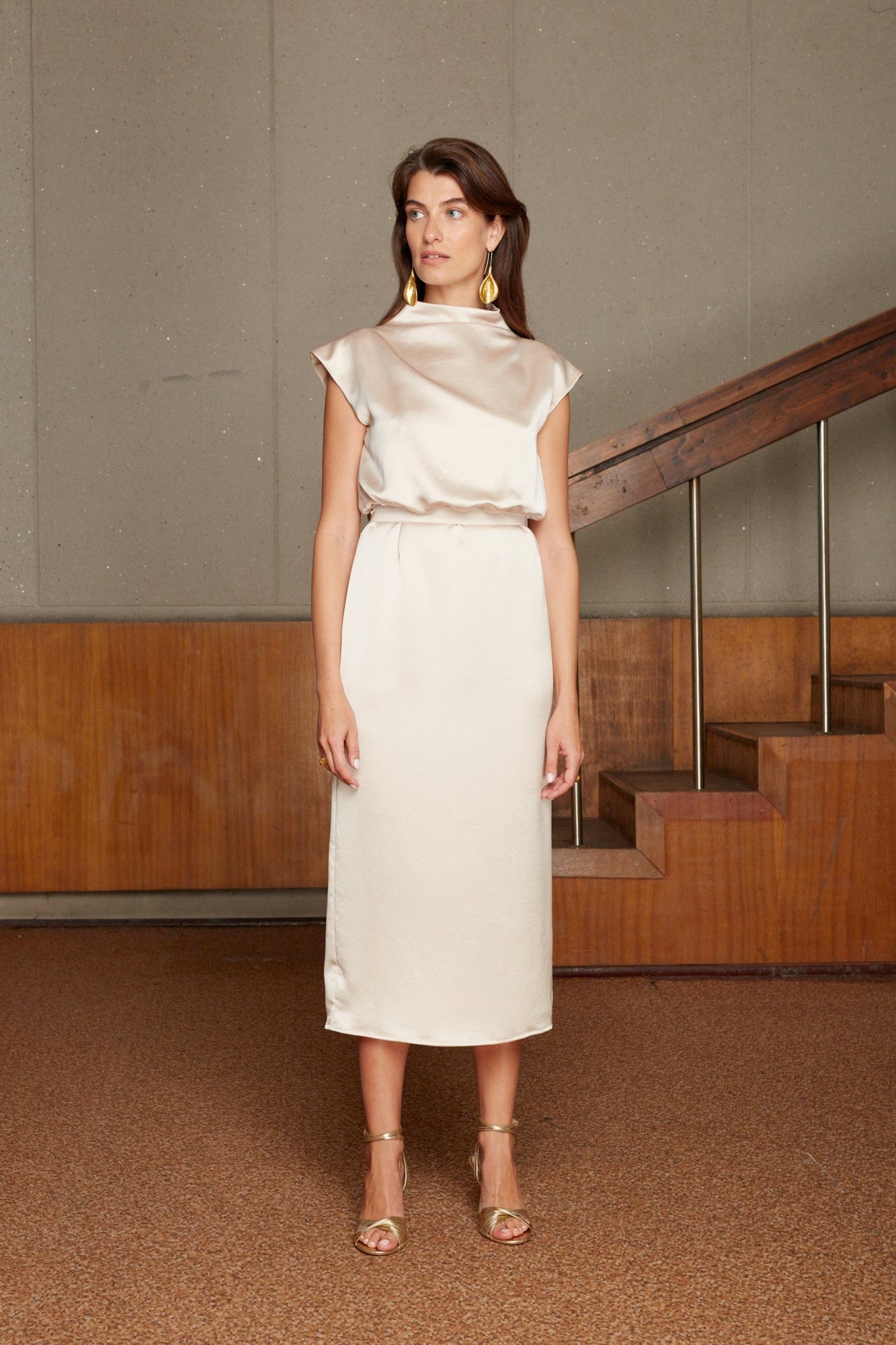 TESSA elegant beige satin kimono sleeves midi dress made by UNDRESS