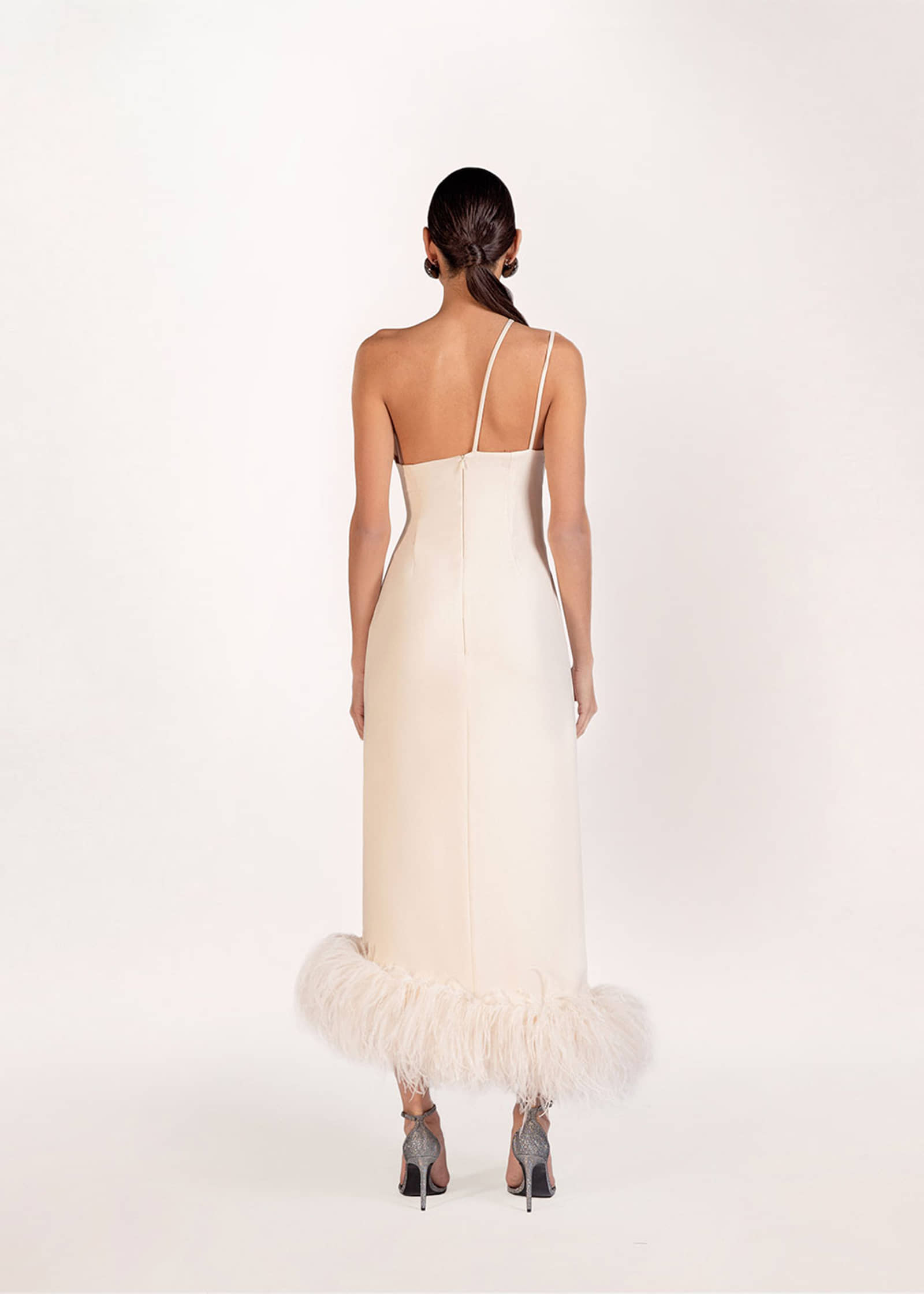 Serena feather-trimmed crepe gown made by Monika Dimova