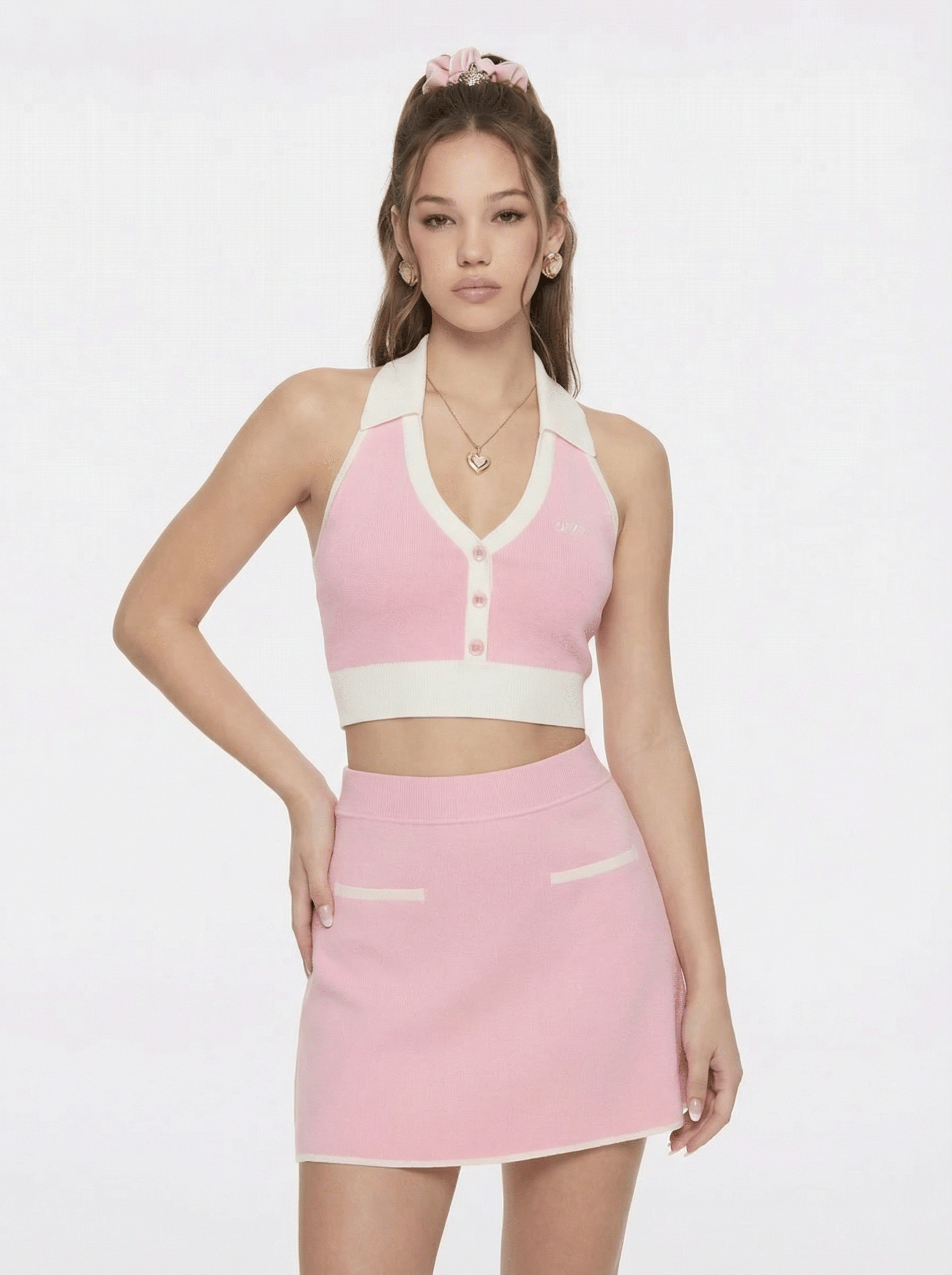 Wilhelmina Contrast Halter Knit Pink Top made by Nana Jacqueline