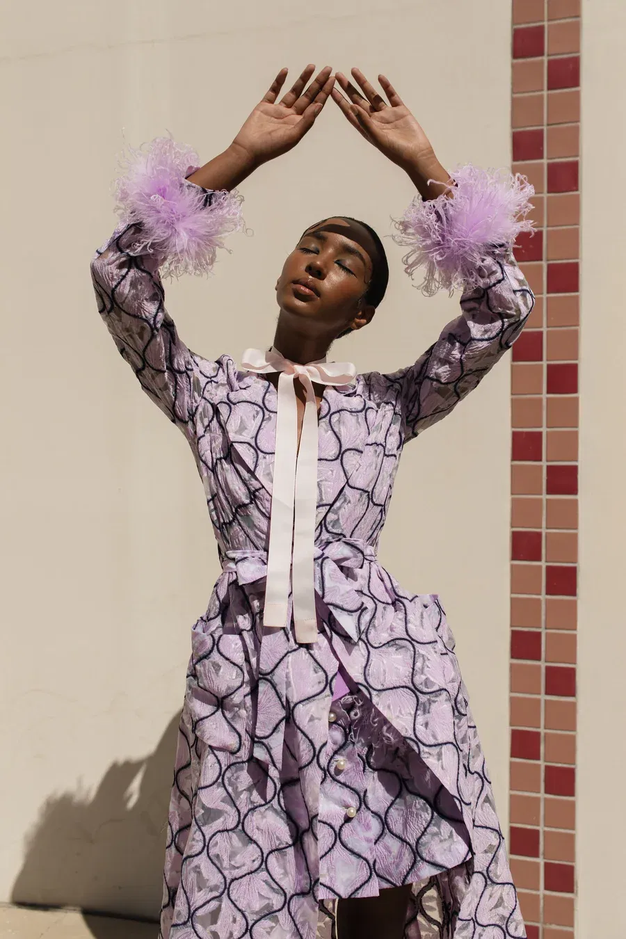 Lavender Coat № 23 With Detachable Feathers Cuffs made by ANDREEVA