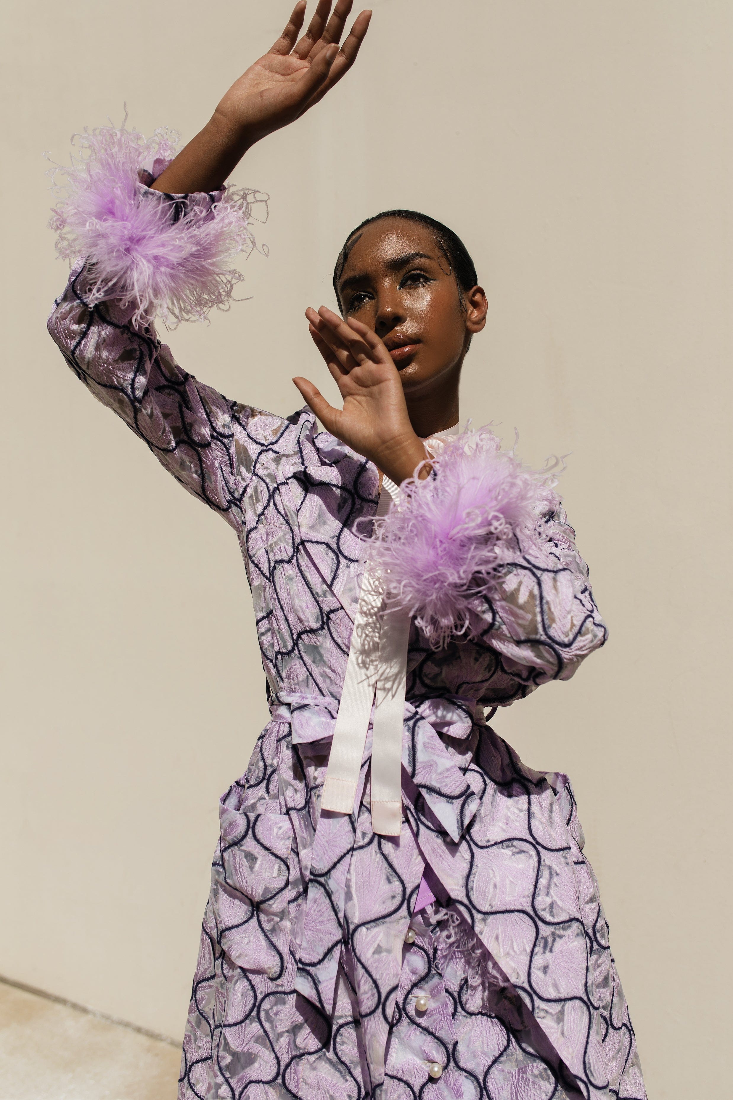 Lavender Coat № 23 With Detachable Feathers Cuffs made by ANDREEVA