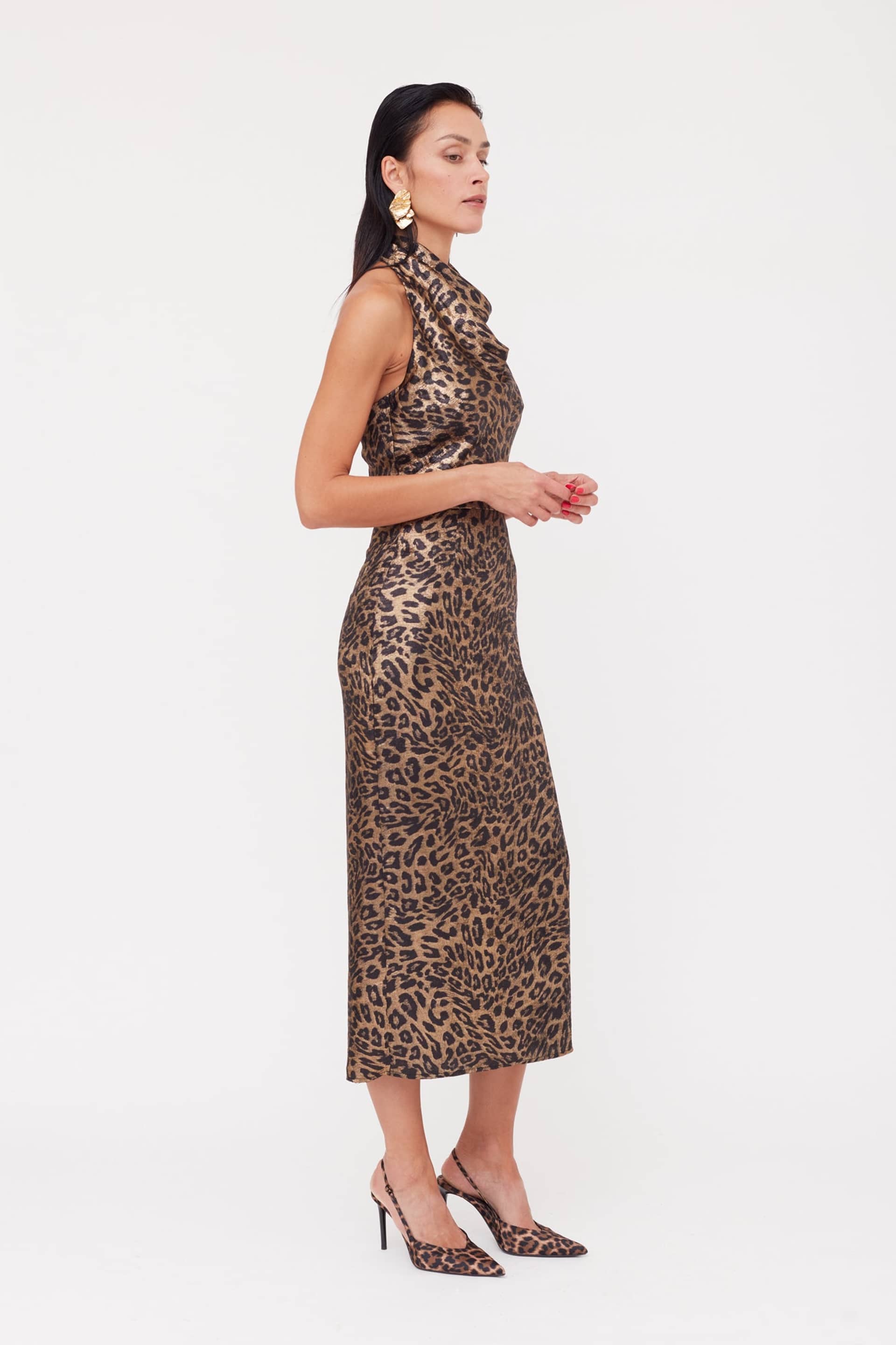 LARA Metallic Animal Print Midi Cowl Neck Dress made by UNDRESS