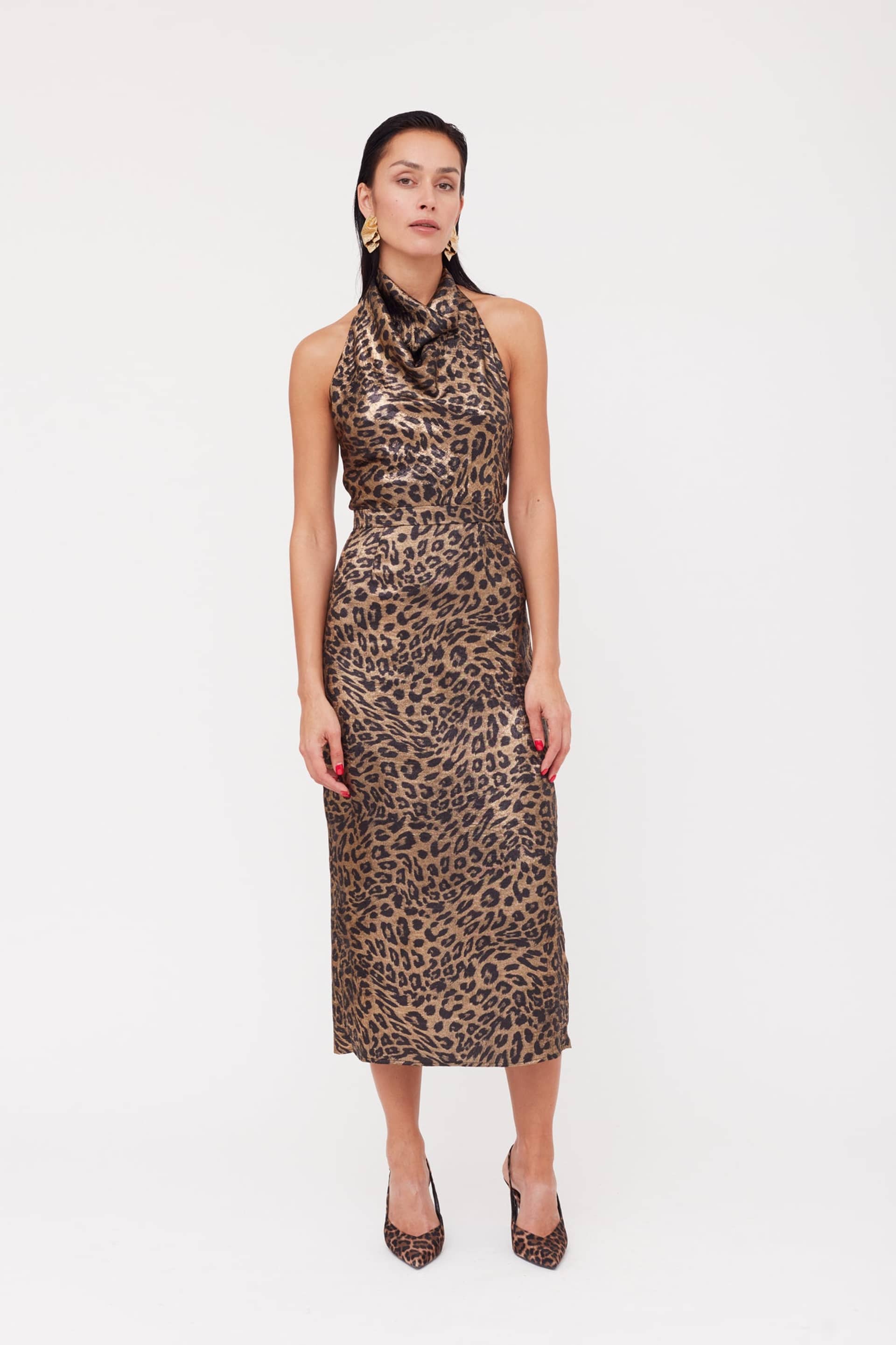 LARA Metallic Animal Print Midi Cowl Neck Dress made by UNDRESS