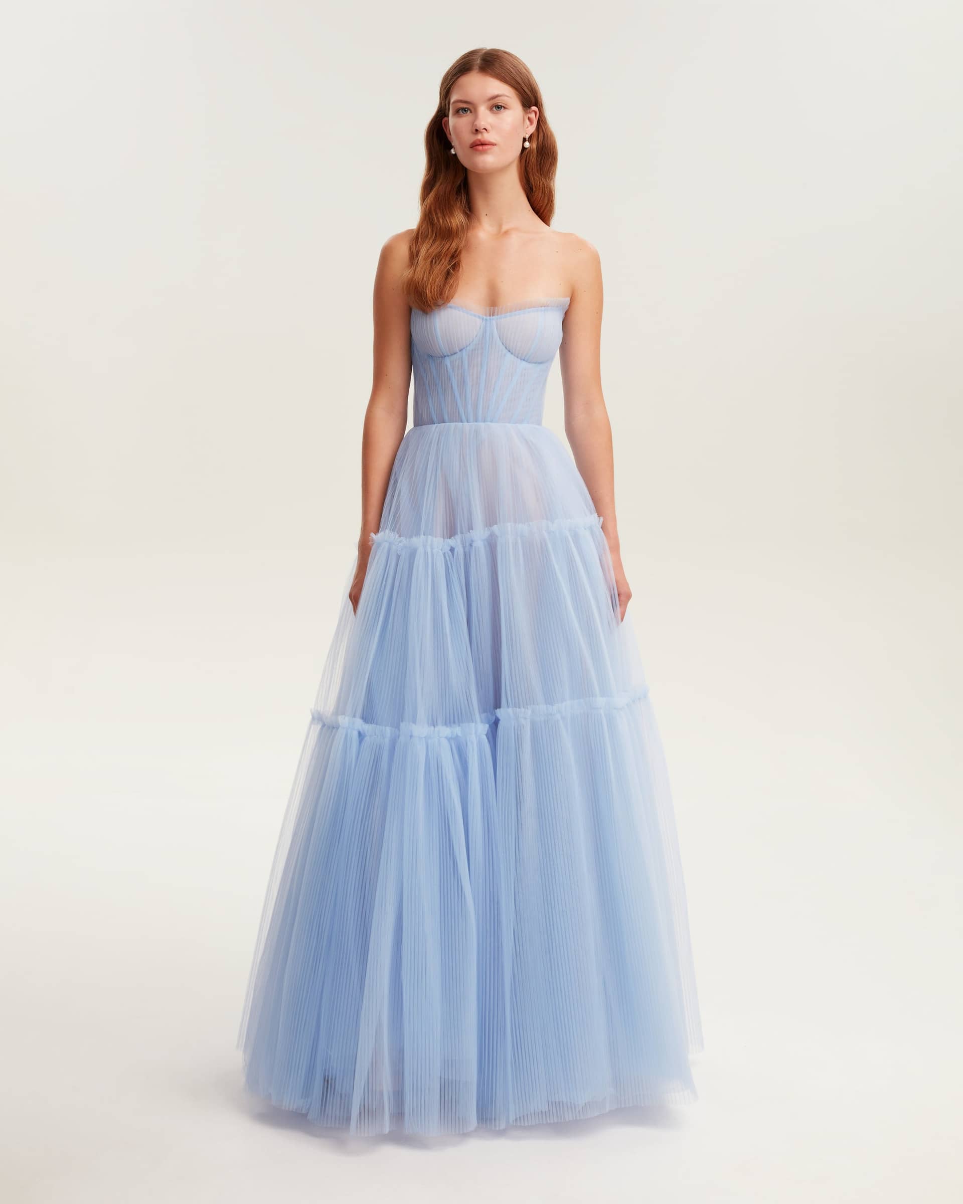 Light blue tulle maxi dress with ruffled skirt, Garden of Eden made by Milla