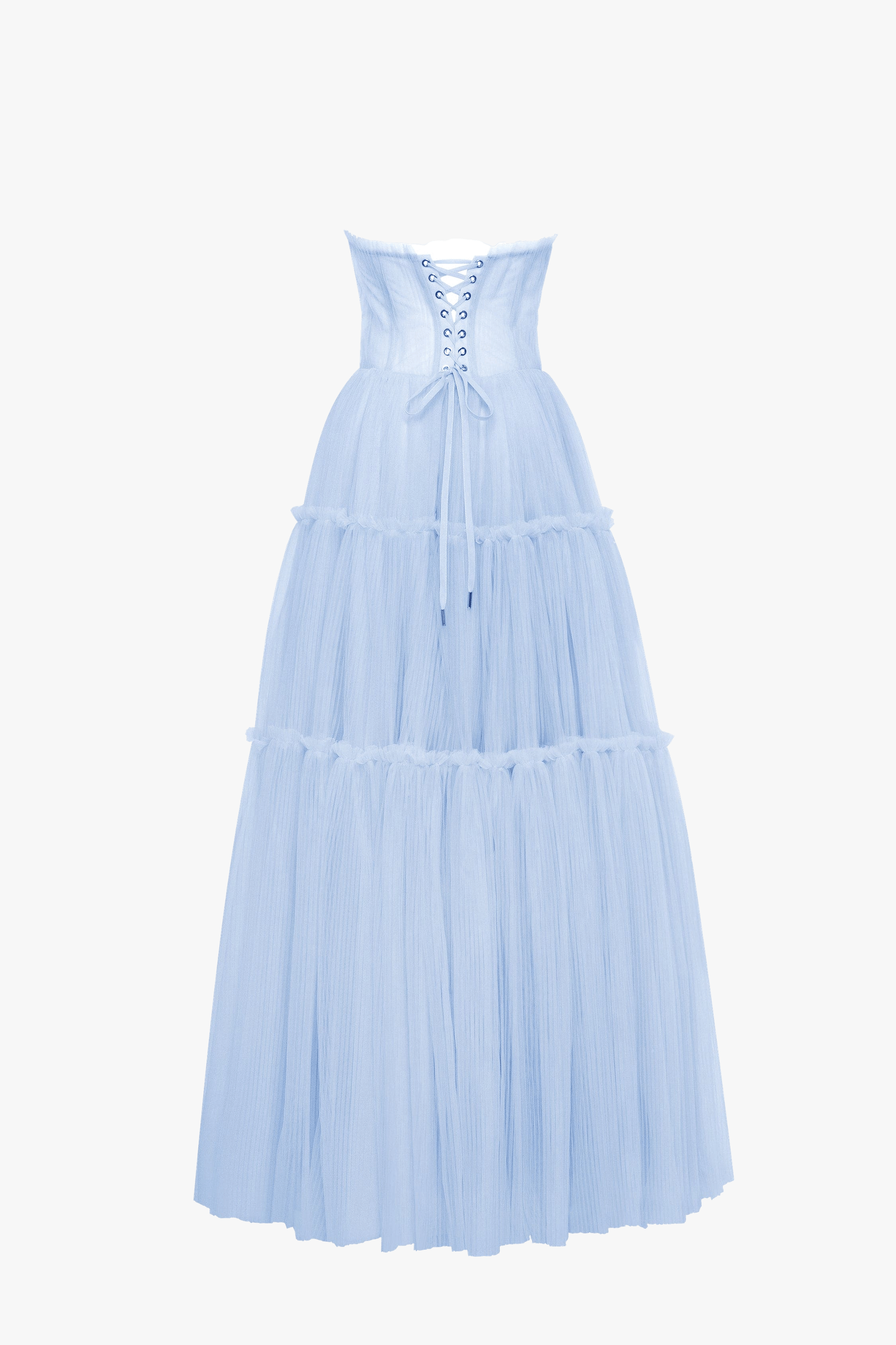 Light blue tulle maxi dress with ruffled skirt, Garden of Eden made by Milla