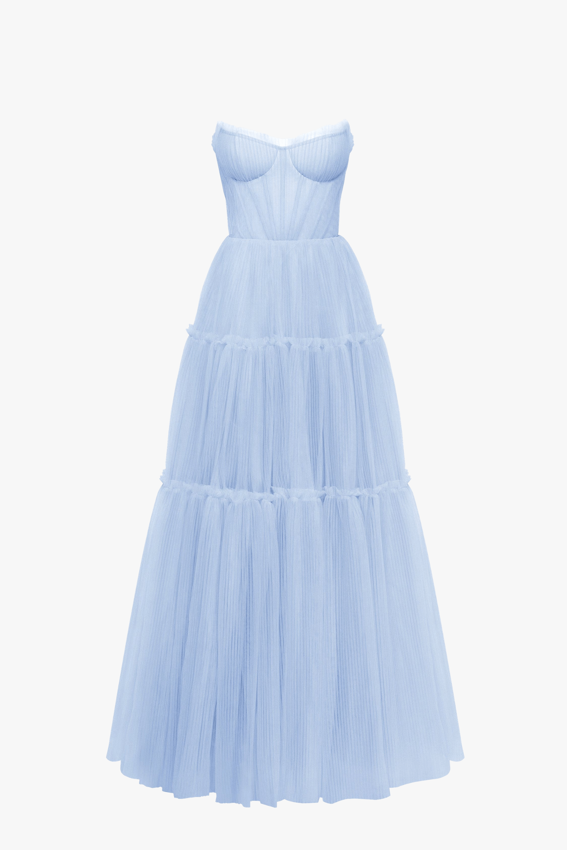 Light blue tulle maxi dress with ruffled skirt, Garden of Eden made by Milla