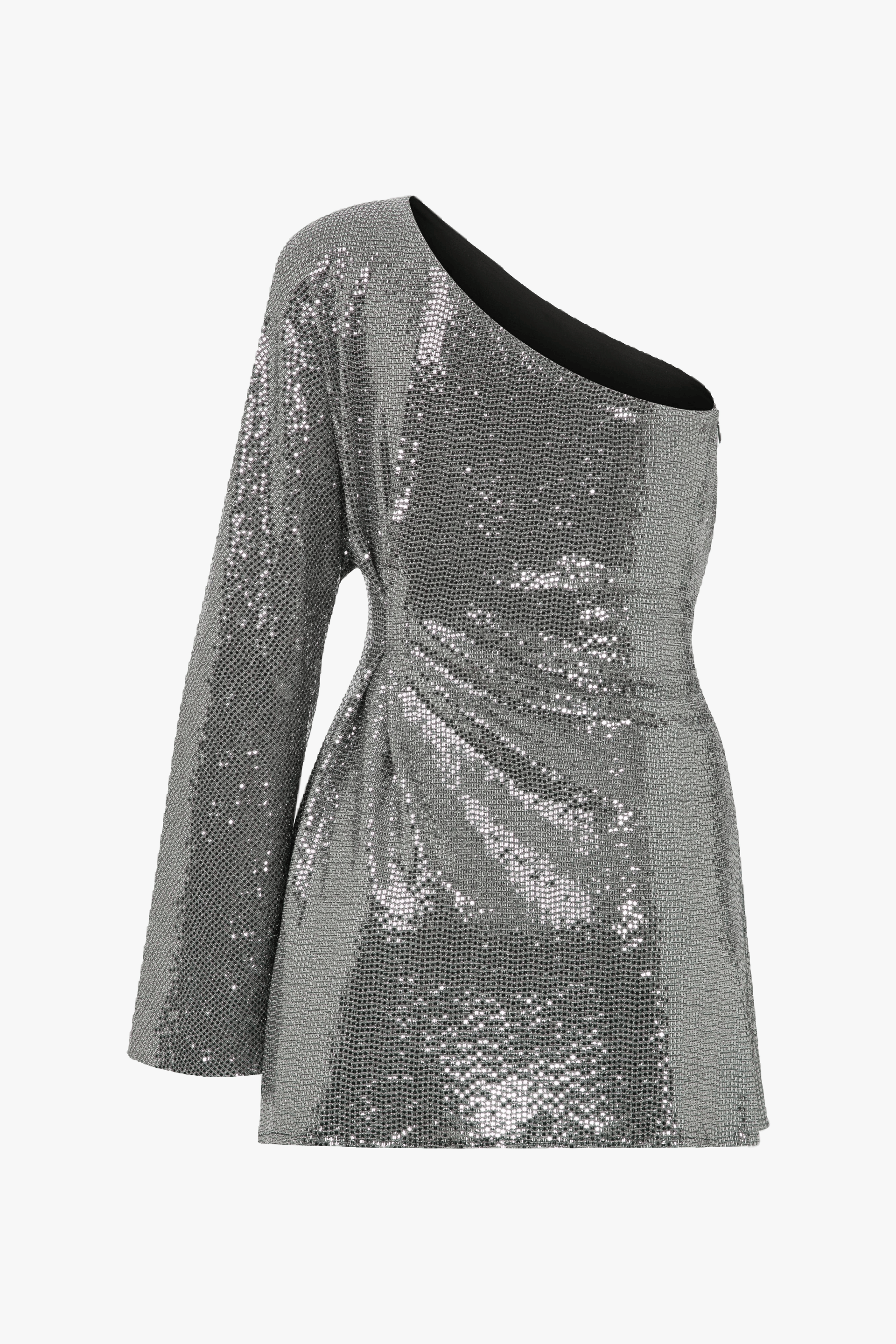Emerald One-Shoulder Sequin Mini Dress in Silver made by Nazli Ceren
