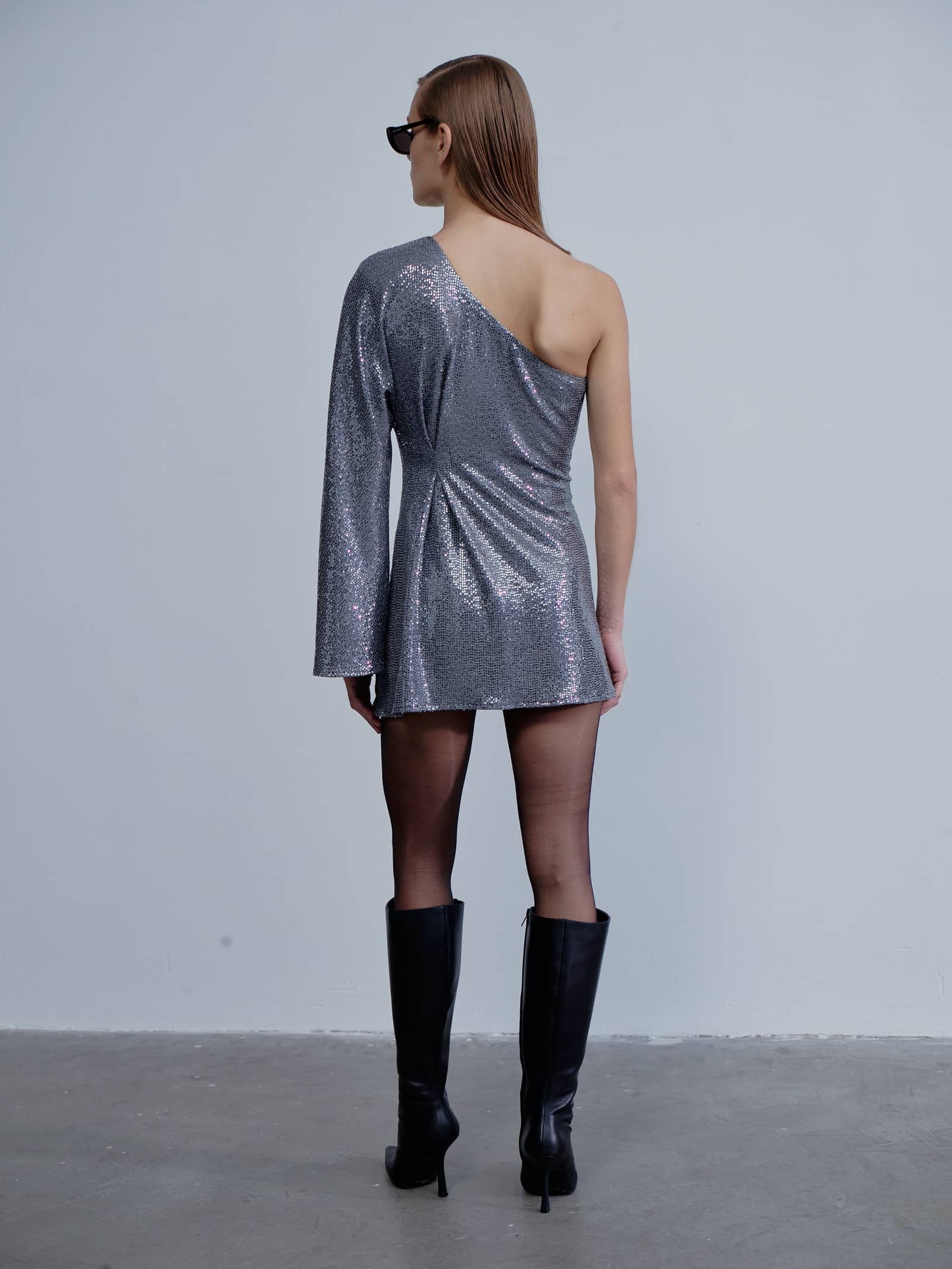 Emerald One-Shoulder Sequin Mini Dress in Silver made by Nazli Ceren