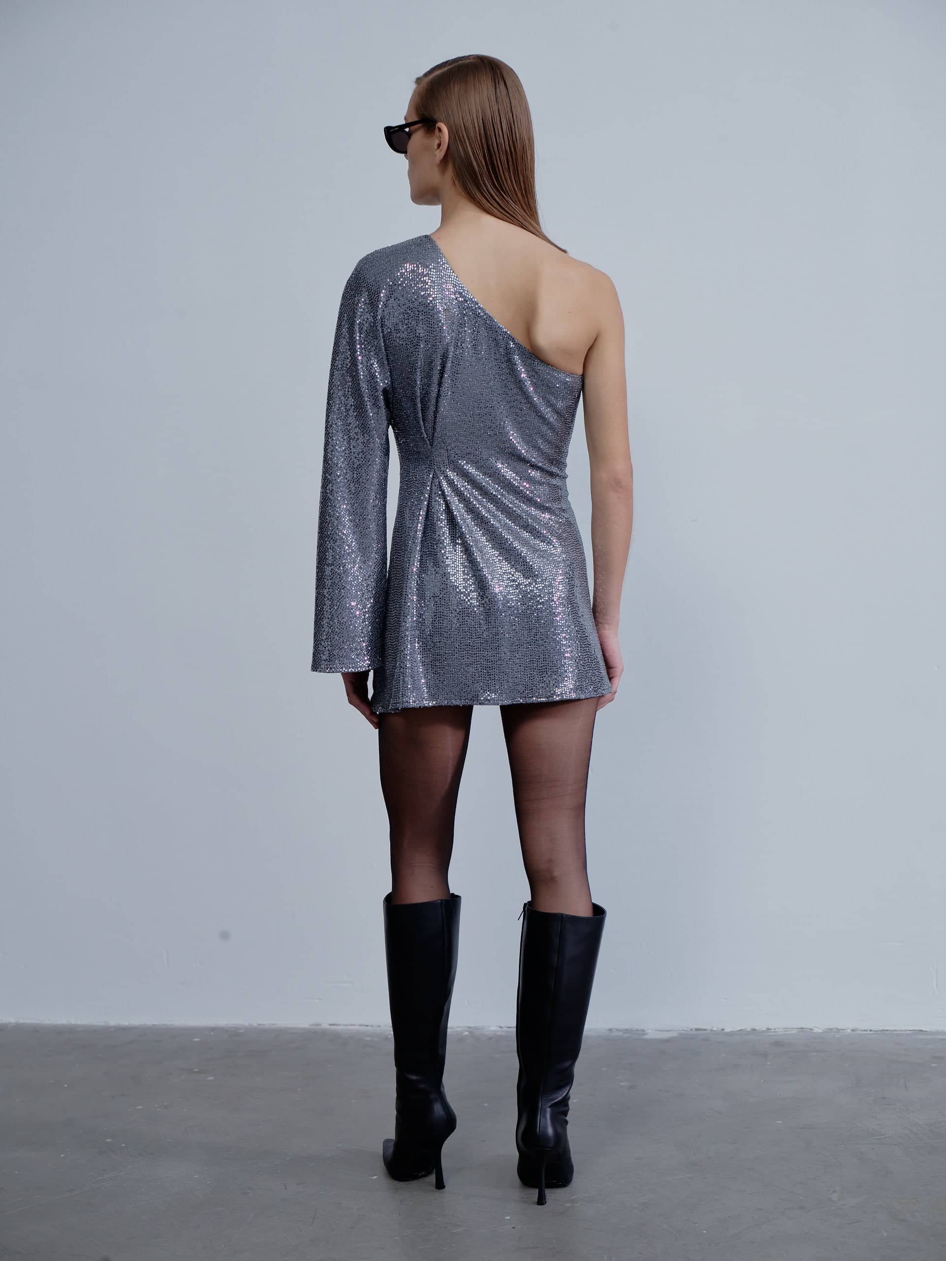 Emerald One-Shoulder Sequin Mini Dress in Silver made by Nazli Ceren