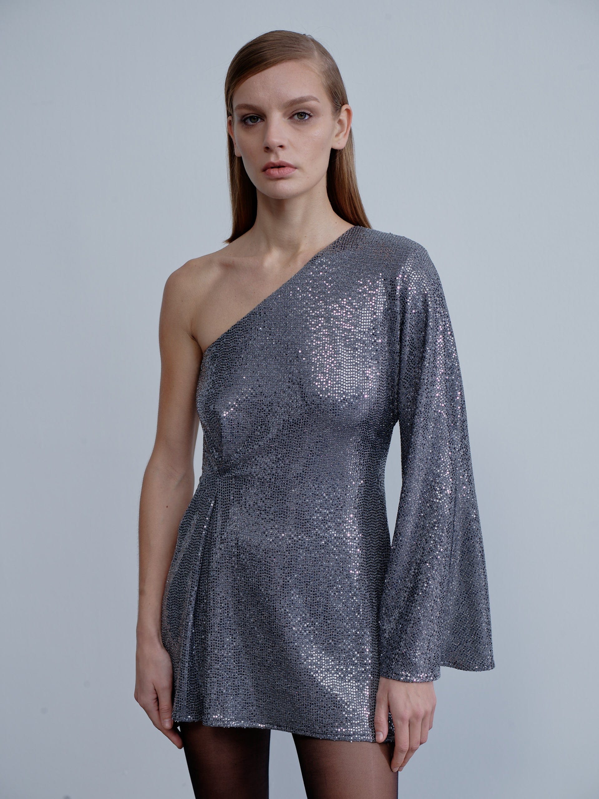 Emerald One-Shoulder Sequin Mini Dress in Silver made by Nazli Ceren