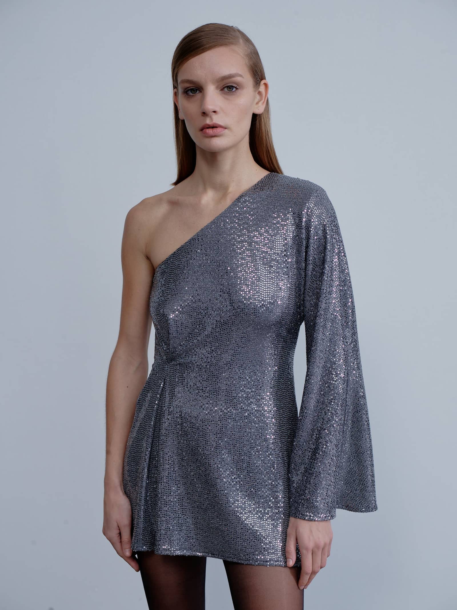 Emerald One-Shoulder Sequin Mini Dress in Silver made by Nazli Ceren