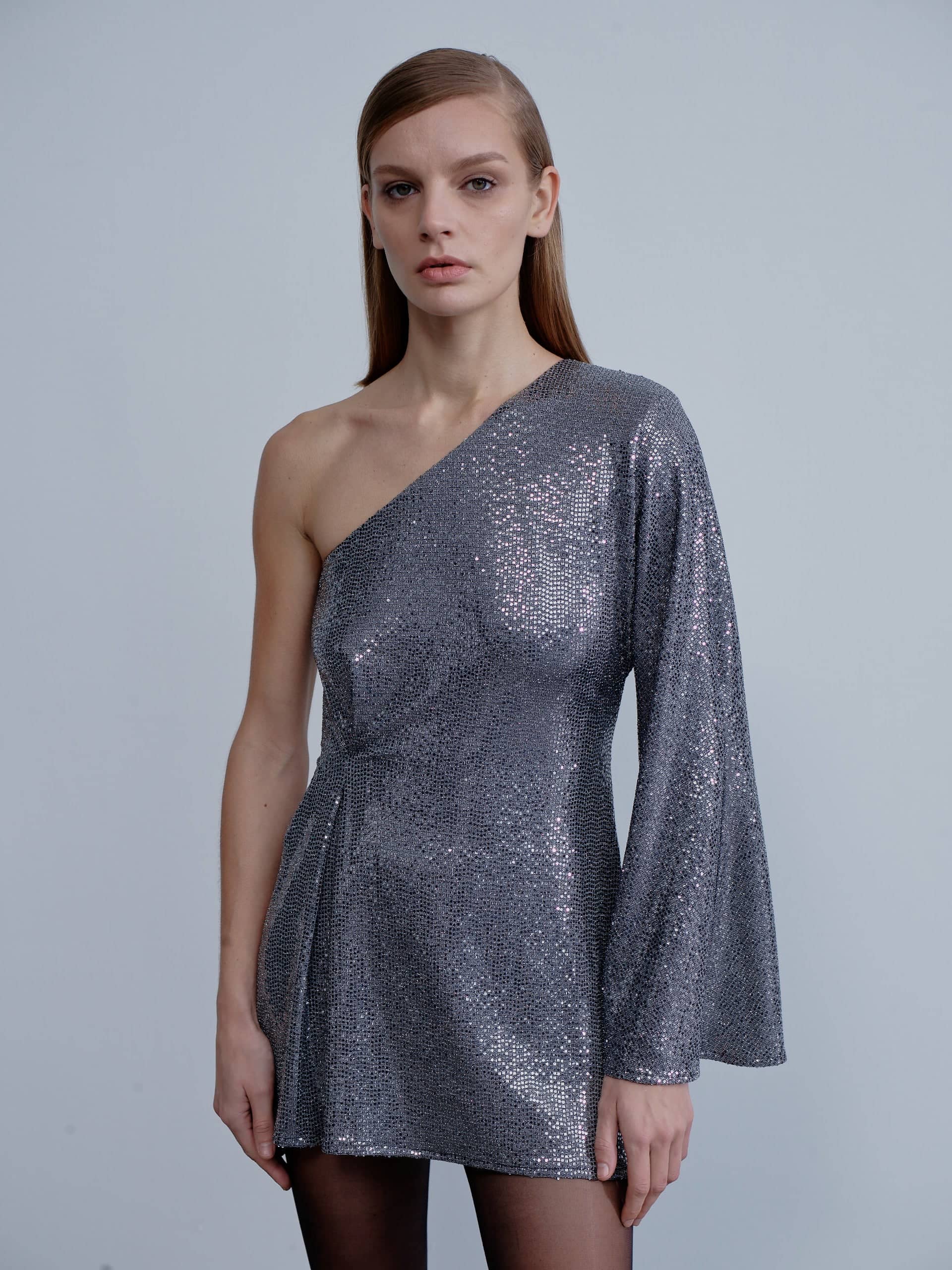 Emerald One-Shoulder Sequin Mini Dress in Silver made by Nazli Ceren