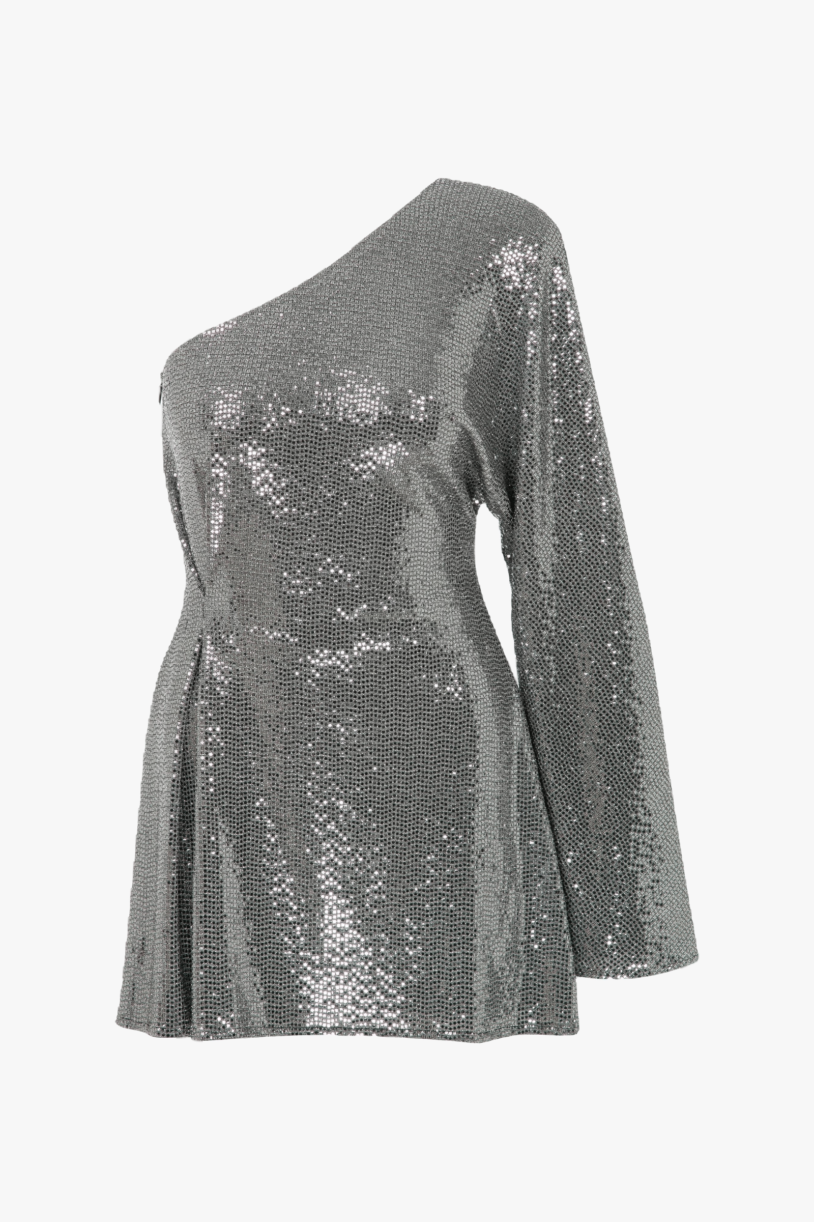 Emerald One-Shoulder Sequin Mini Dress in Silver made by Nazli Ceren