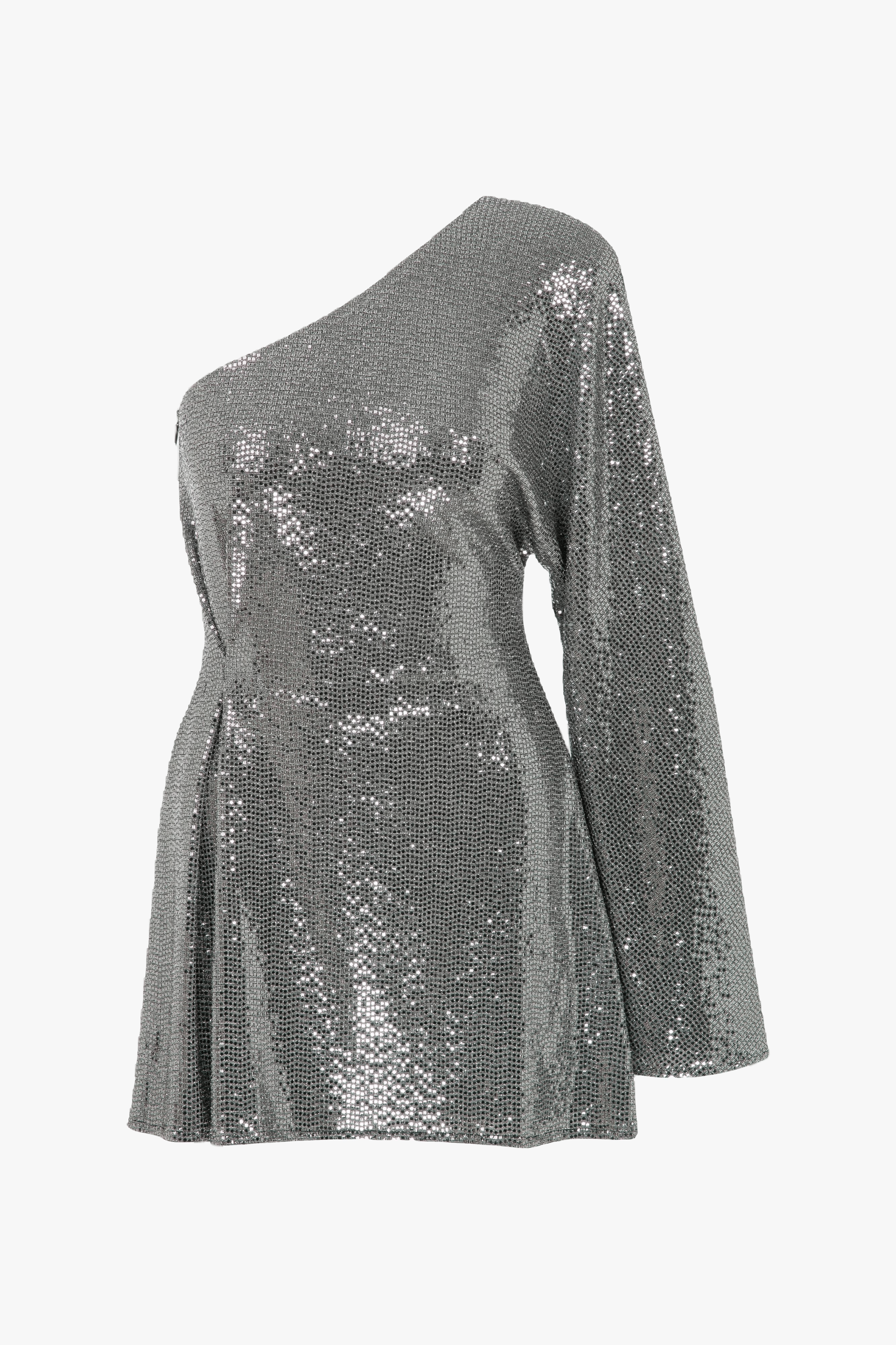 Emerald One-Shoulder Sequin Mini Dress in Silver made by Nazli Ceren