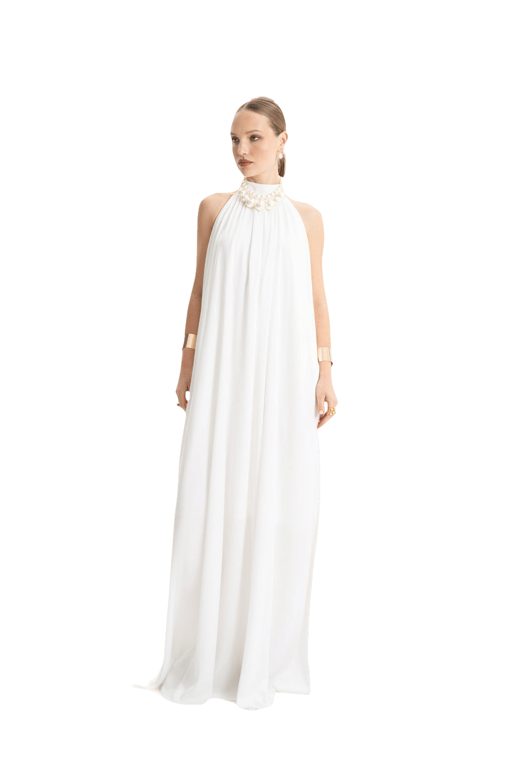 Pam Satin White Halter Maxi Dress made by Lora Istanbul
