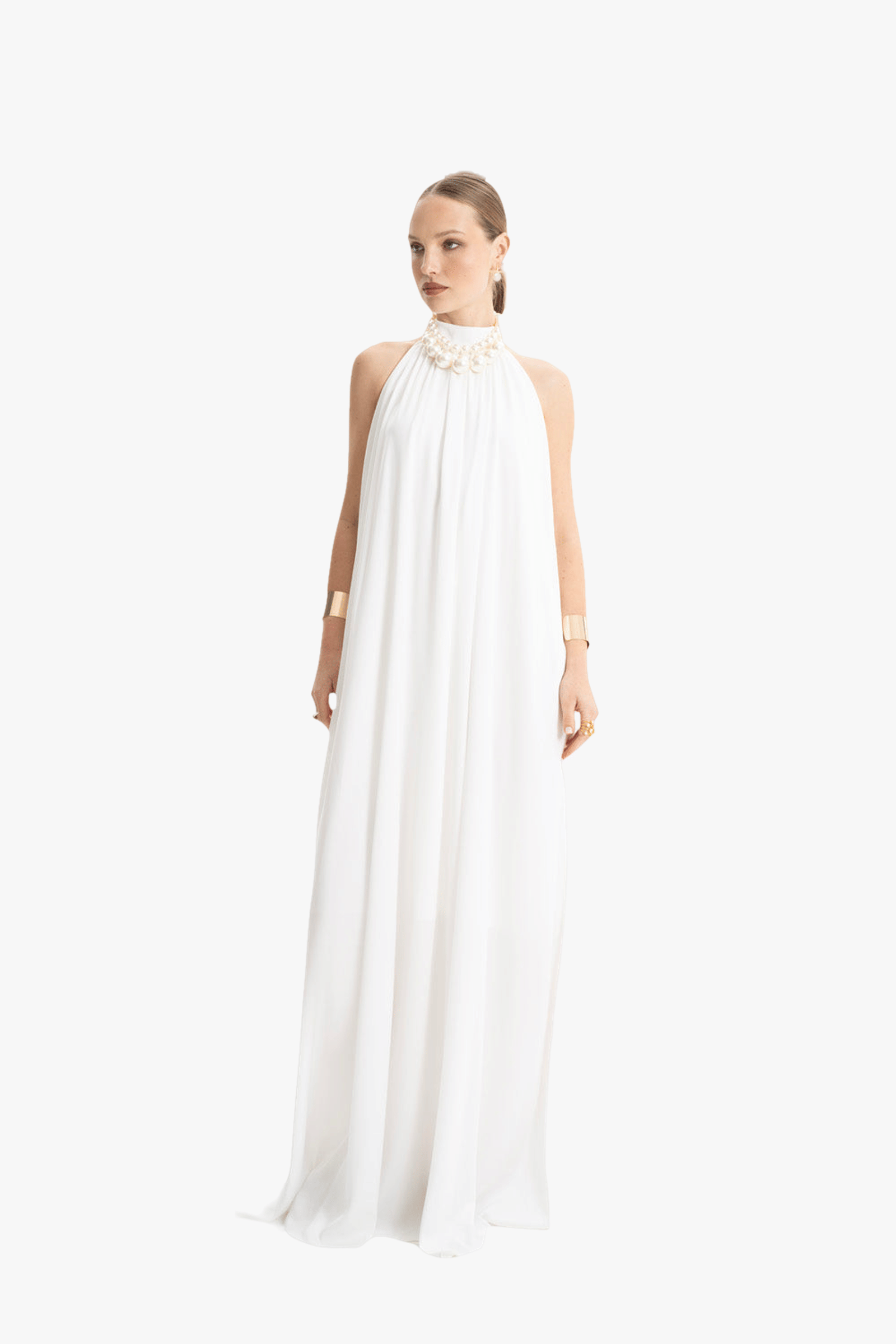 Pam Satin White Halter Maxi Dress made by Lora Istanbul