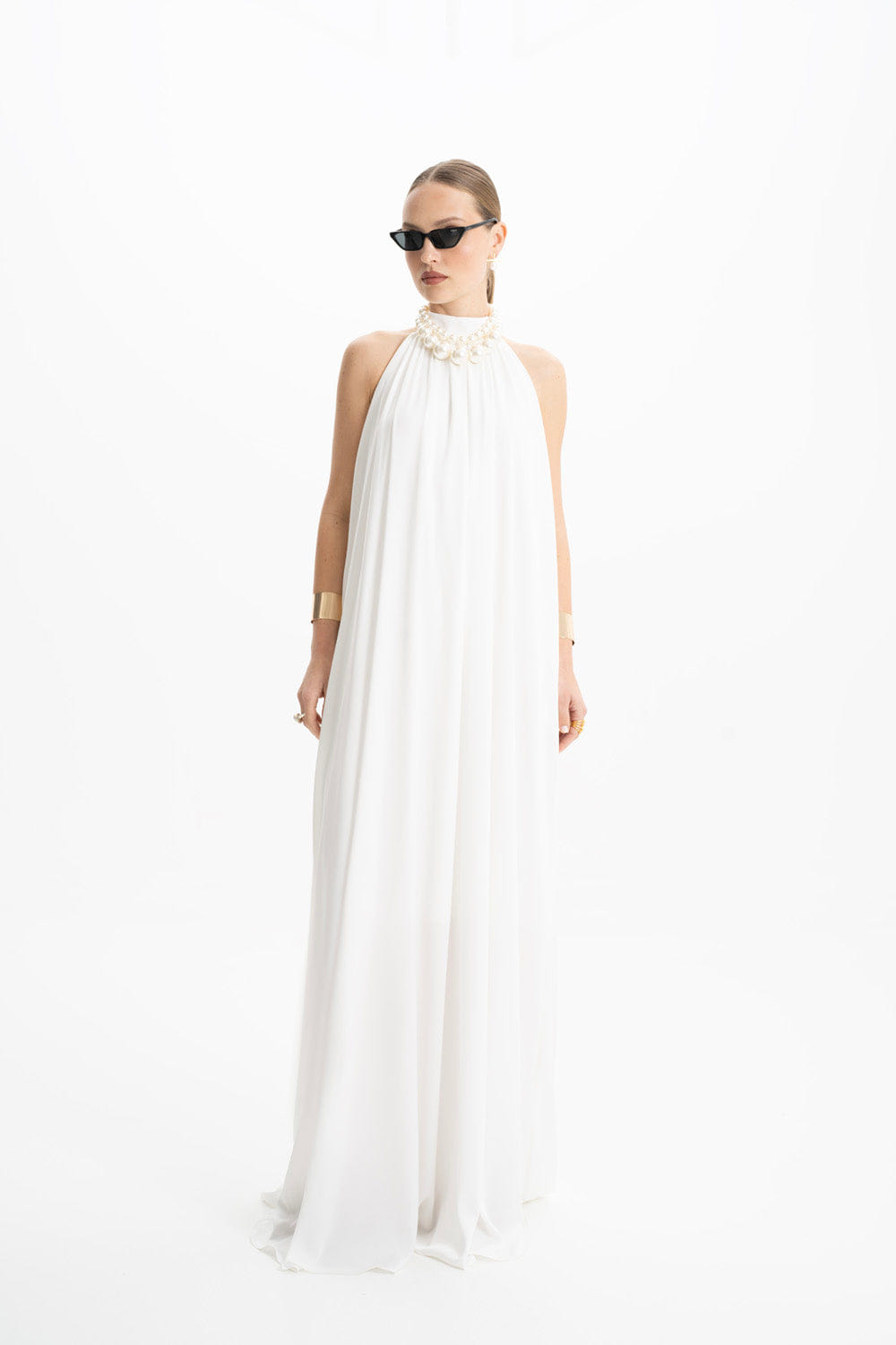 Pam Satin White Halter Maxi Dress made by Lora Istanbul