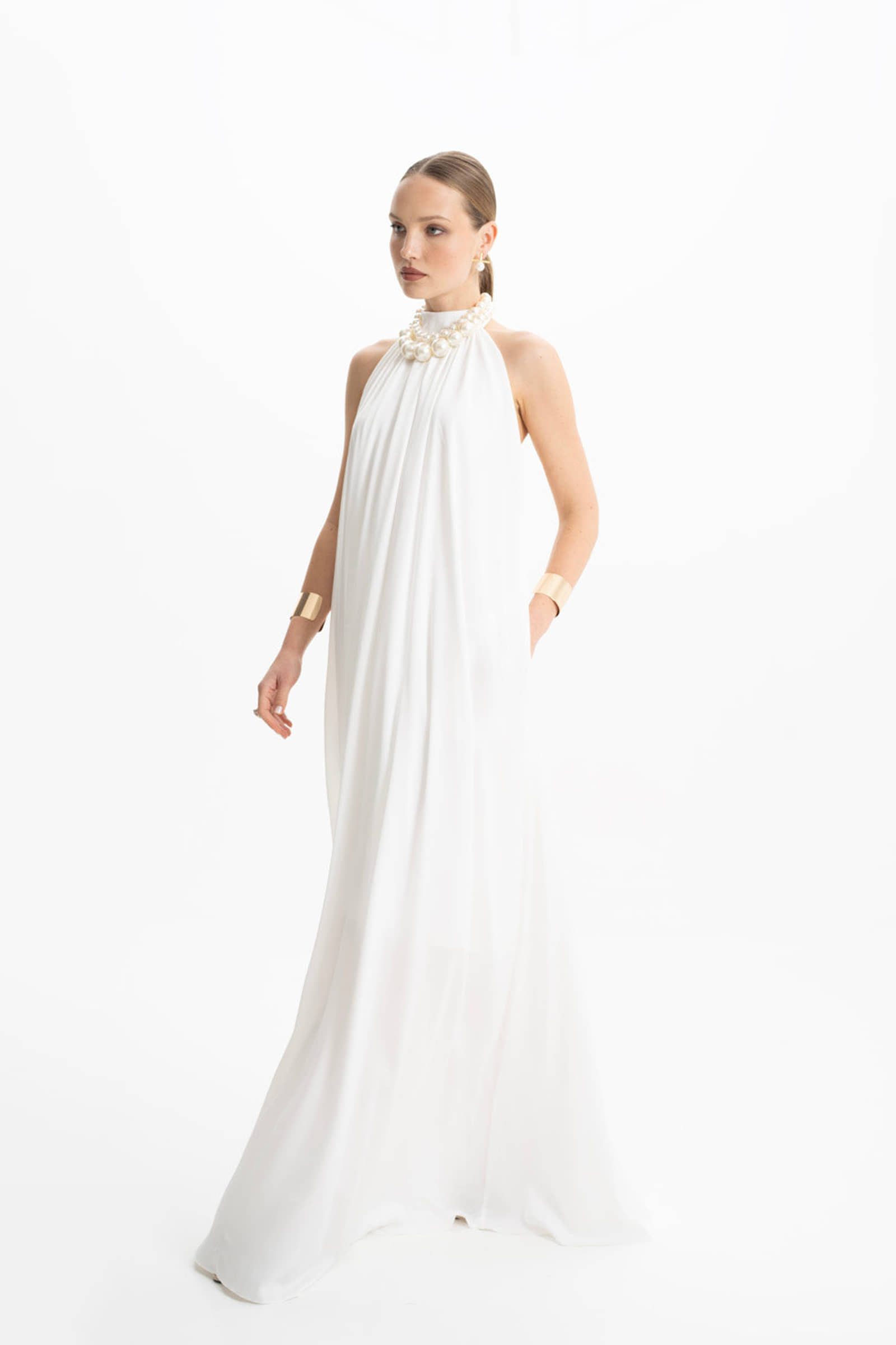 Pam Satin White Halter Maxi Dress made by Lora Istanbul
