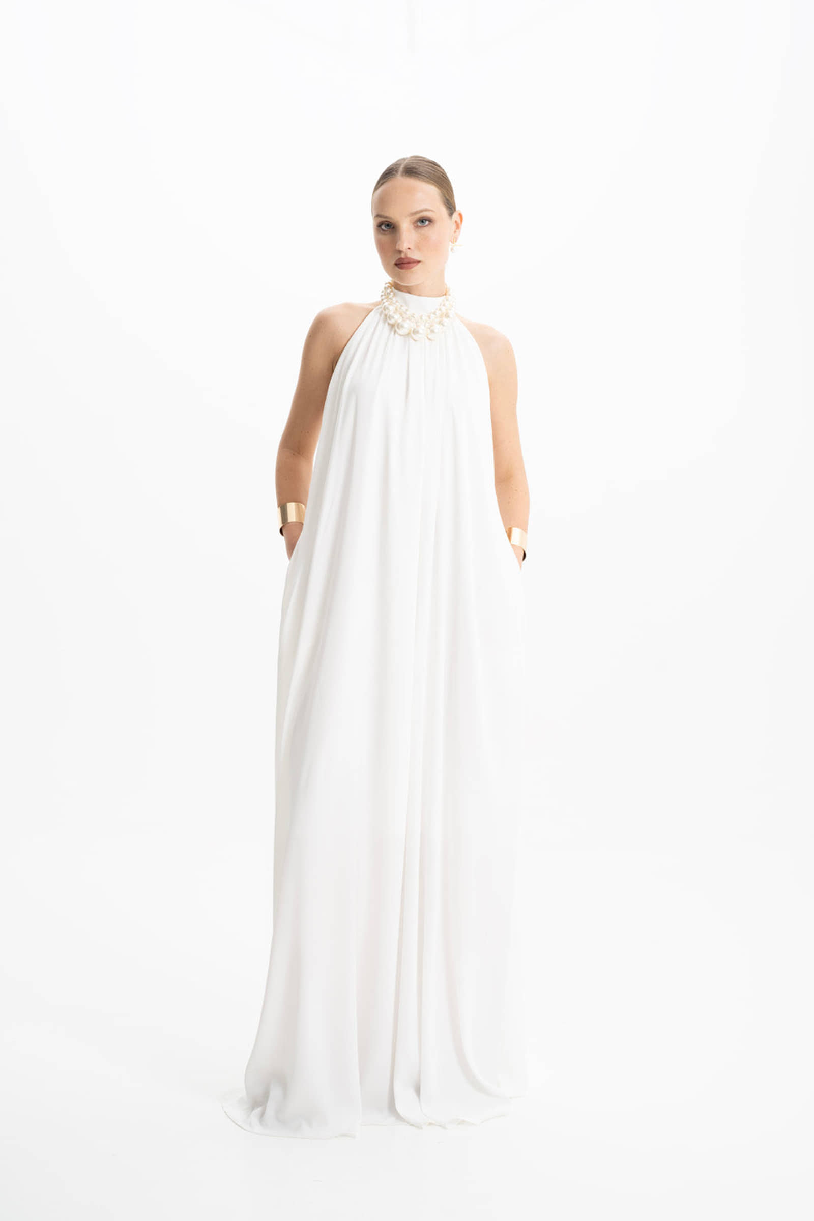 Pam Satin White Halter Maxi Dress made by Lora Istanbul