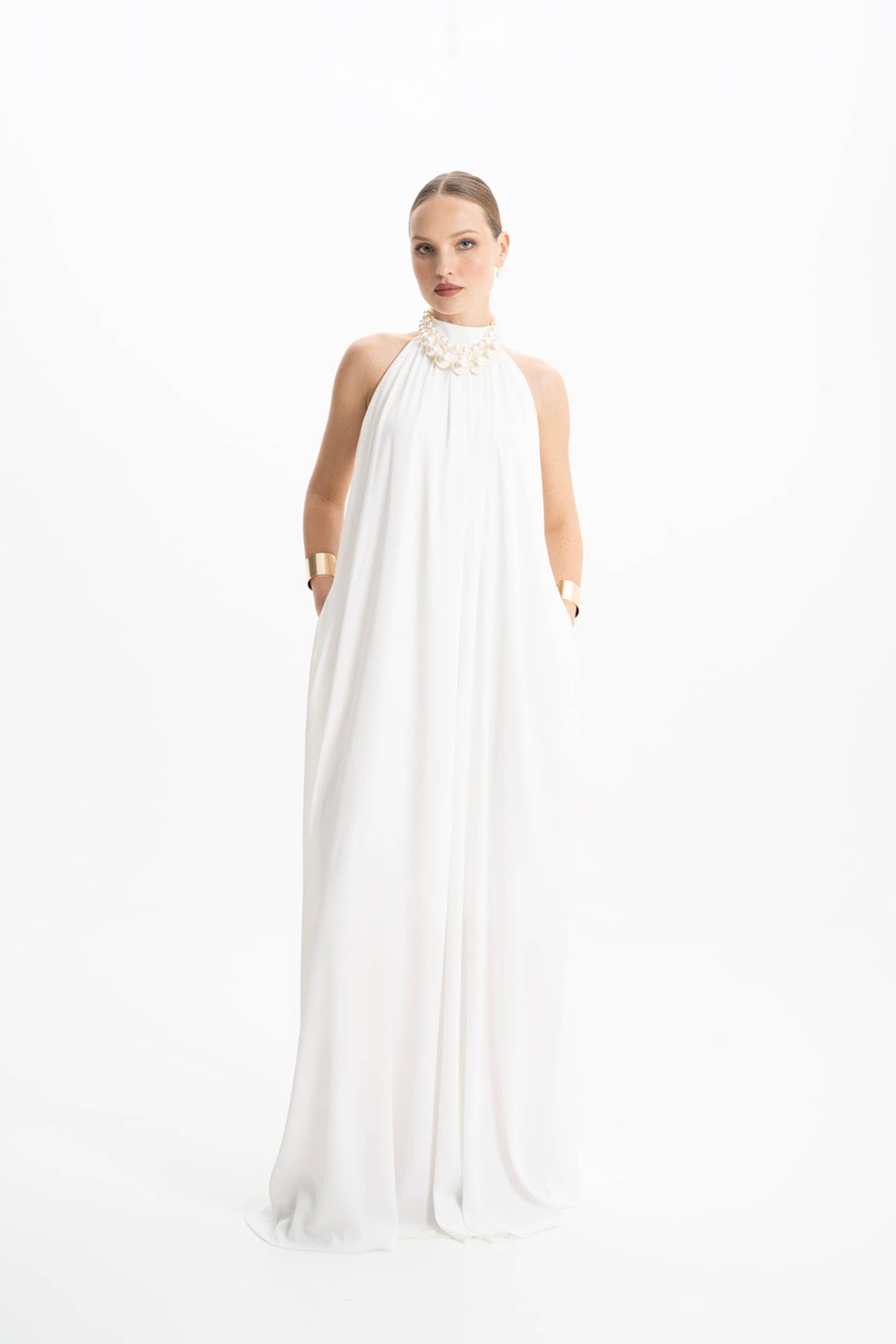 Pam Satin White Halter Maxi Dress made by Lora Istanbul