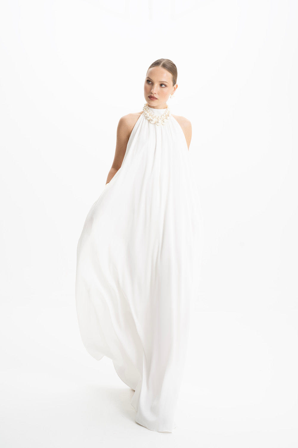 Pam Satin White Halter Maxi Dress made by Lora Istanbul