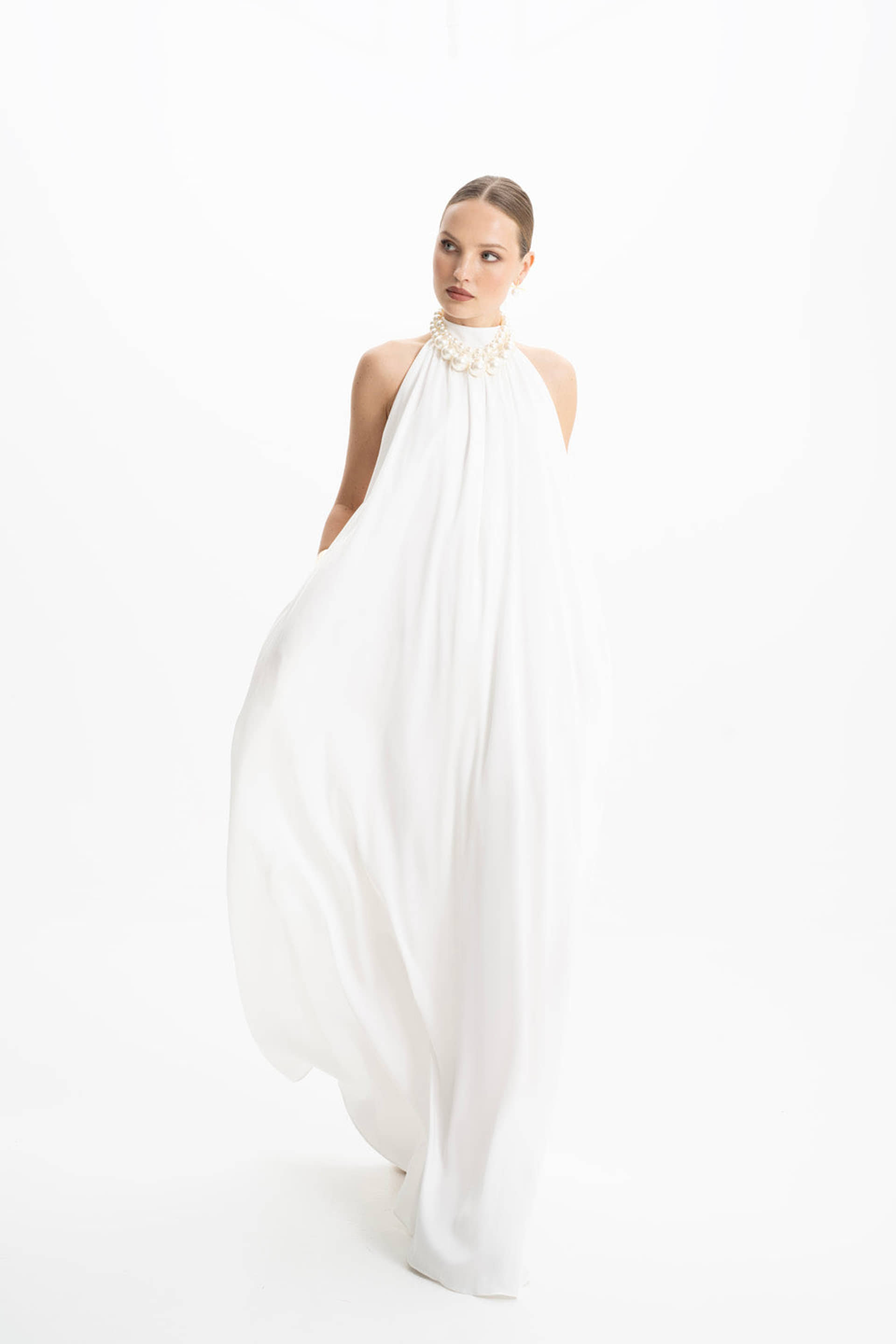 Pam Satin White Halter Maxi Dress made by Lora Istanbul