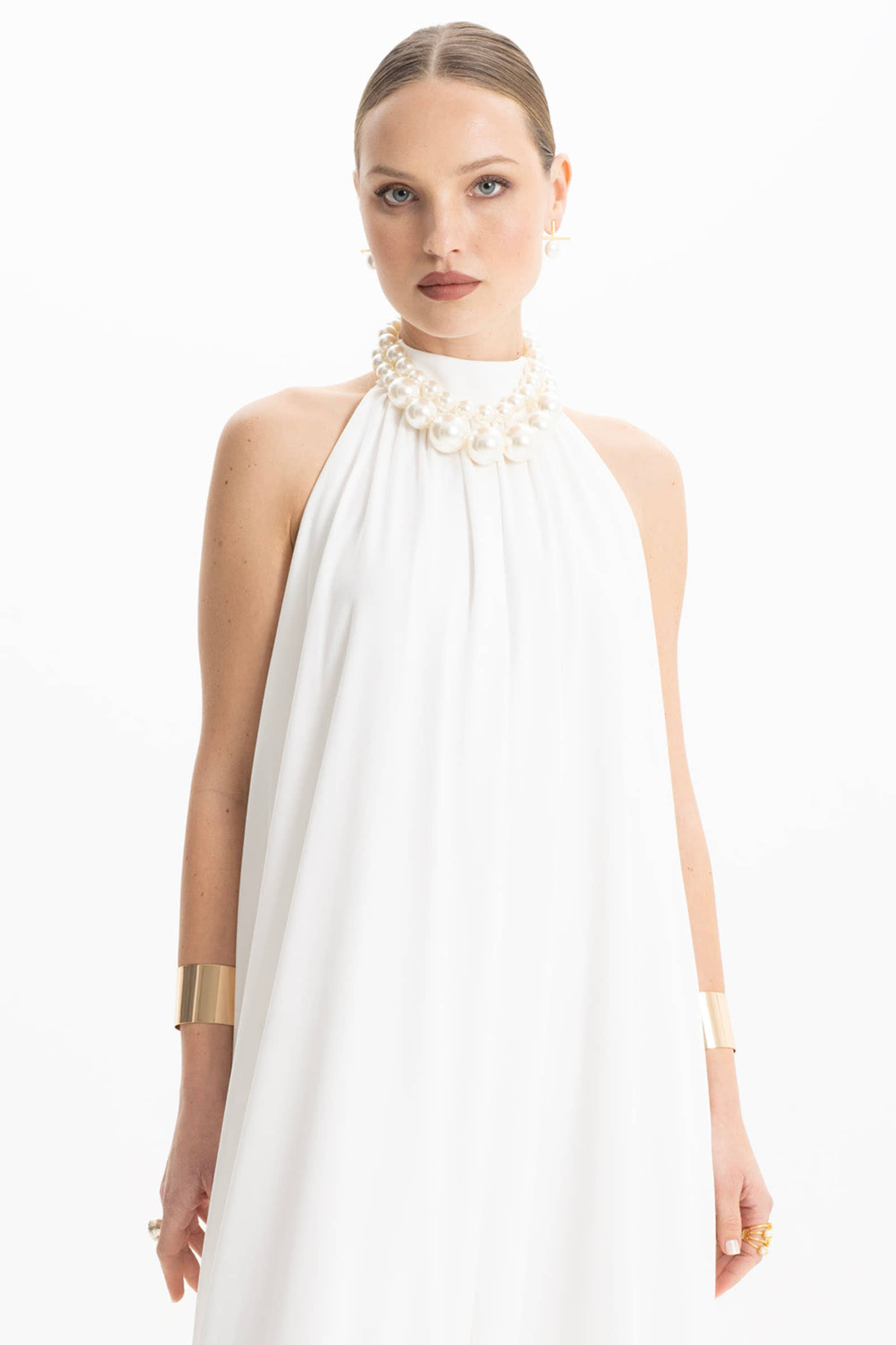 Pam Satin White Halter Maxi Dress made by Lora Istanbul