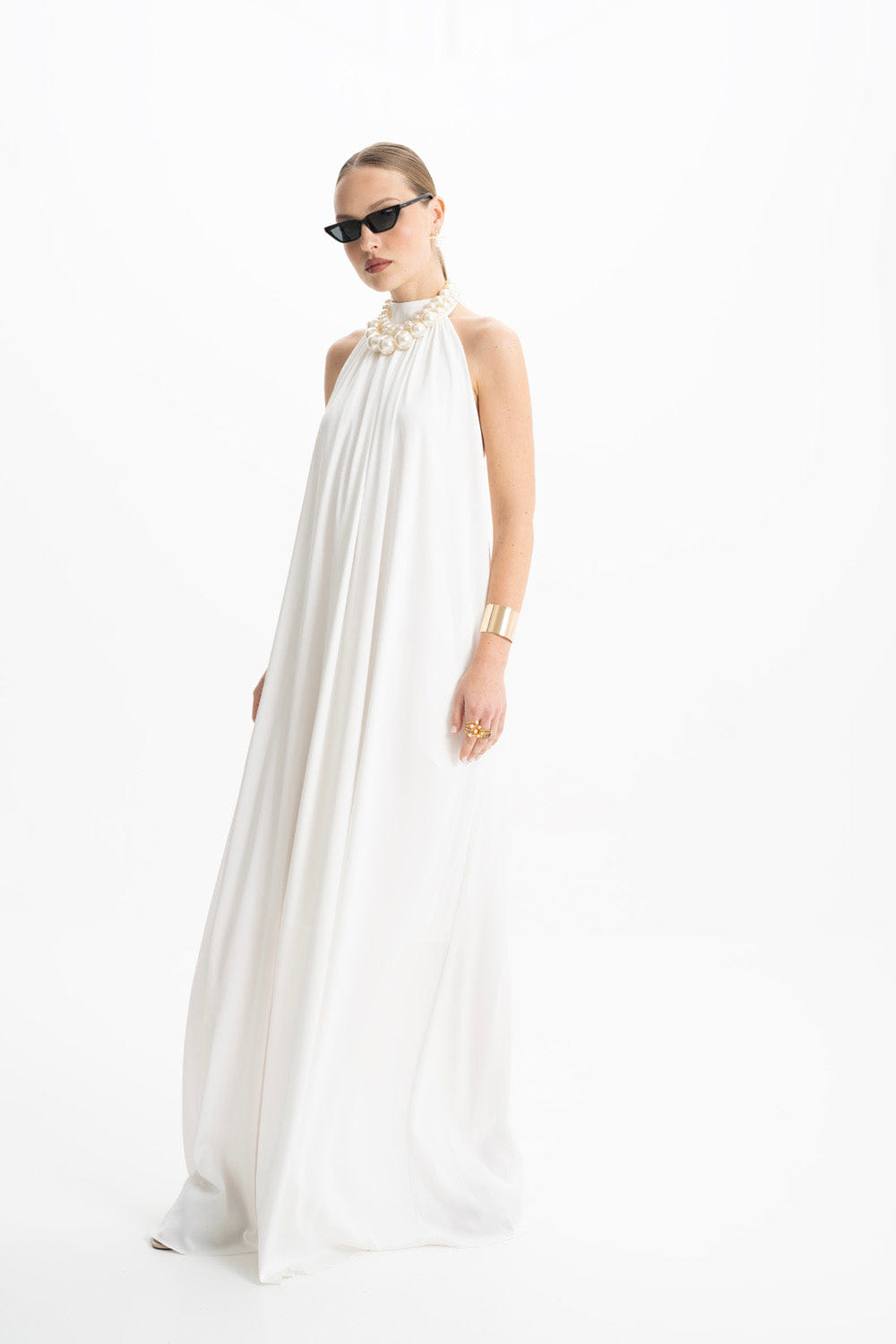 Pam Satin White Halter Maxi Dress made by Lora Istanbul