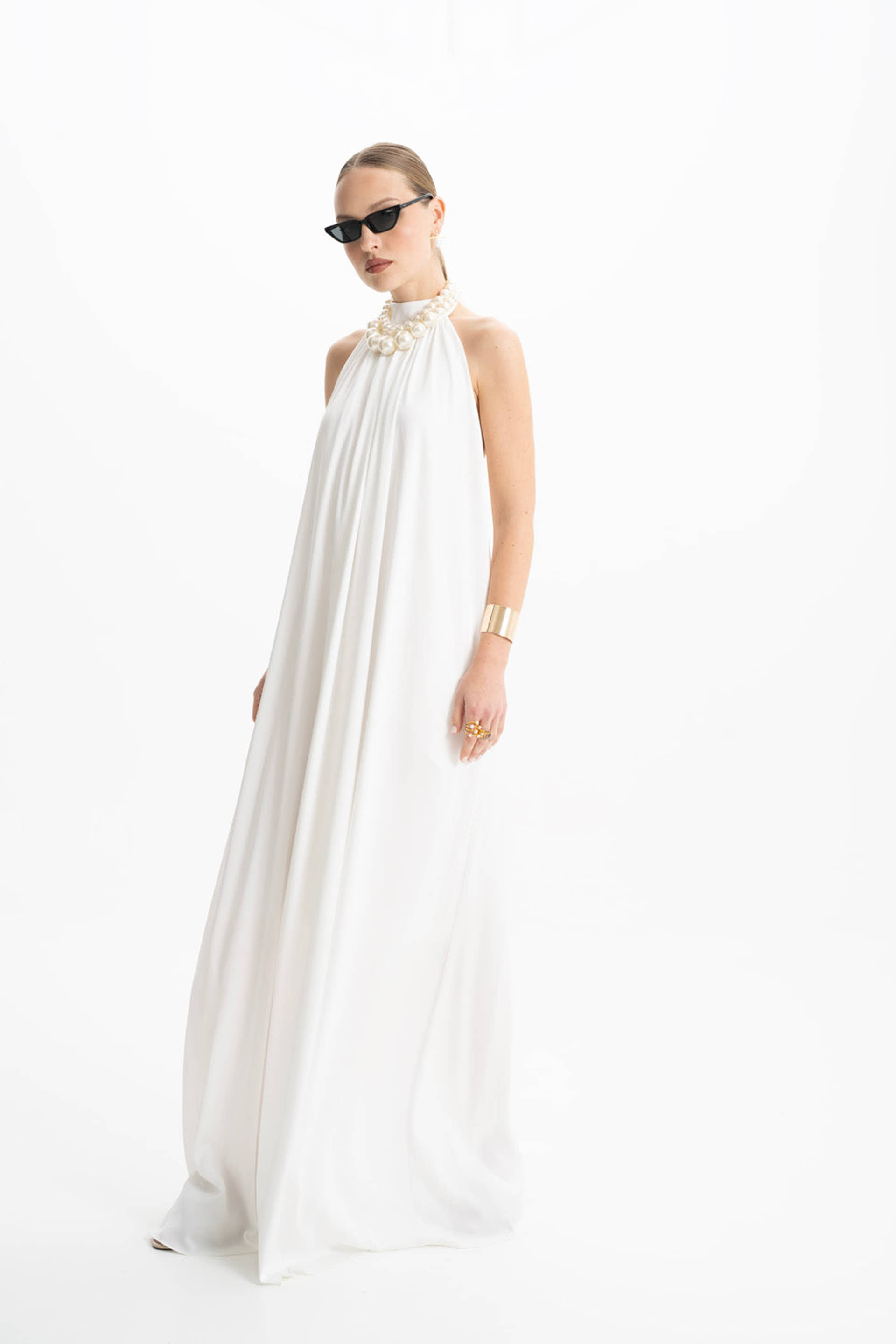 Pam Satin White Halter Maxi Dress made by Lora Istanbul