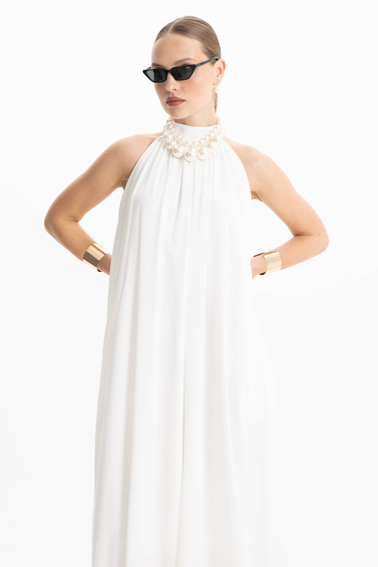 Pam Satin White Halter Maxi Dress made by Lora Istanbul