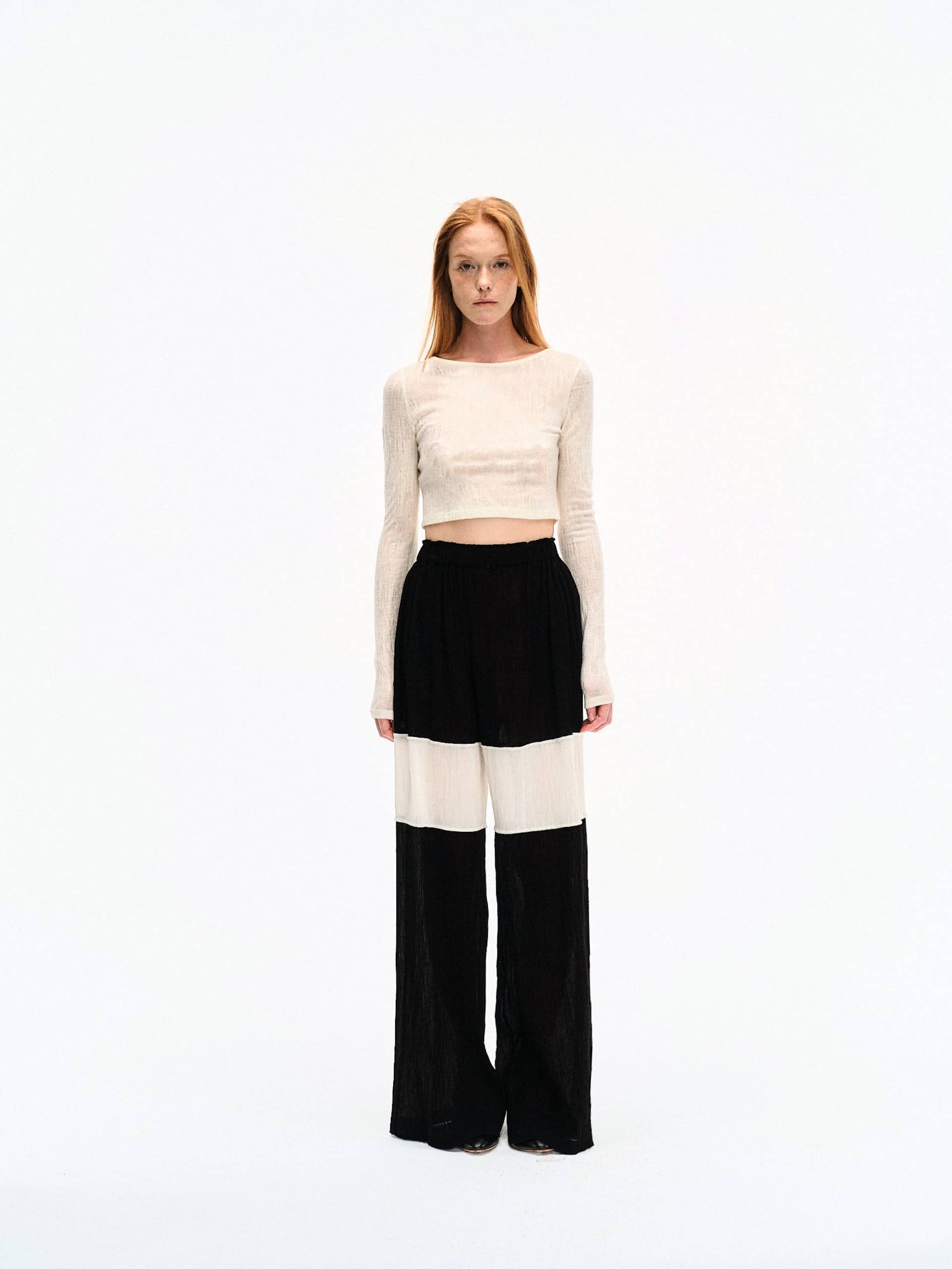 WRINKLED PLEATED COTTON TROUSERS – BLACK/WHITE made by YIBRI