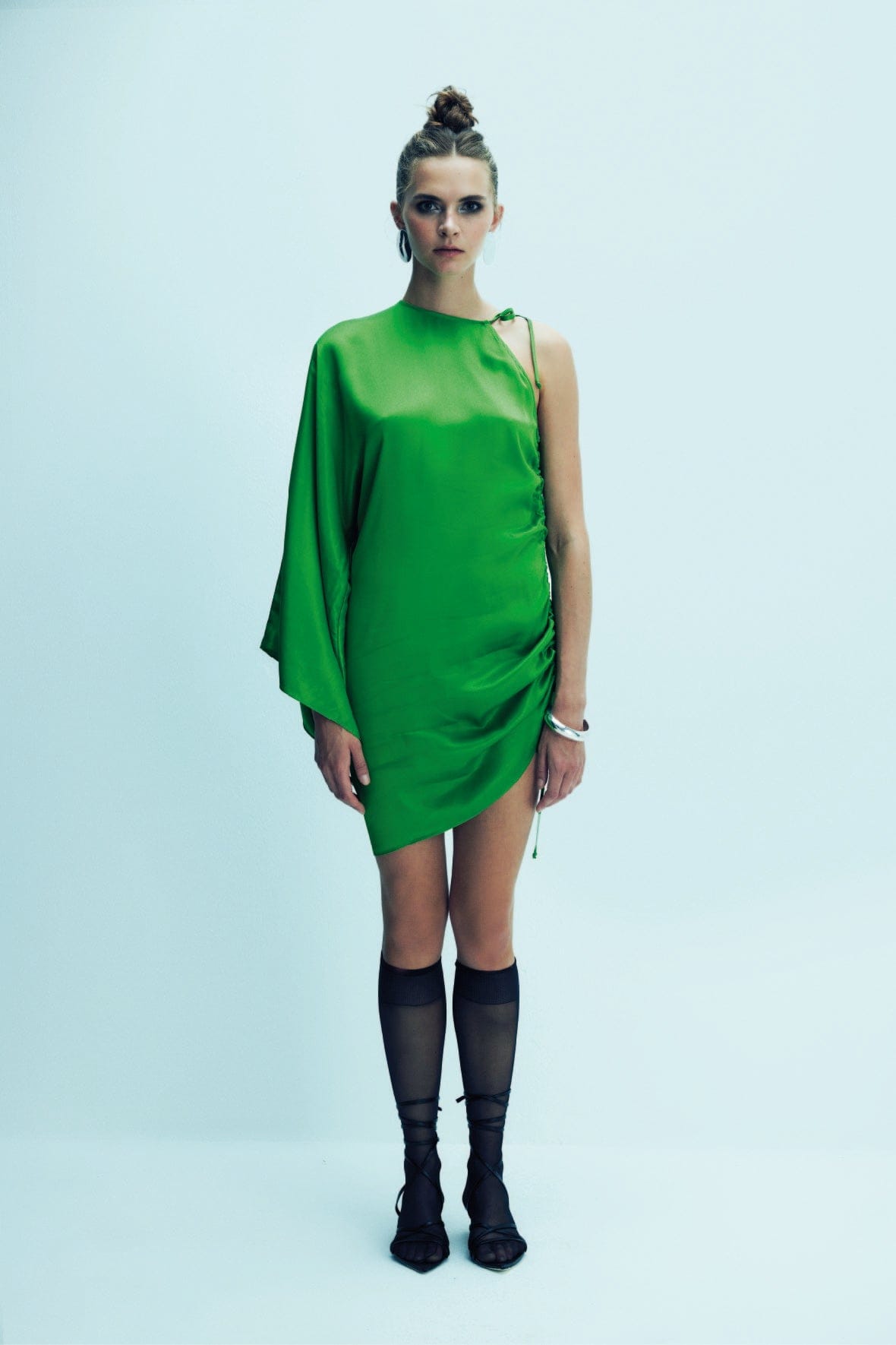 Rocha Asymmetric Mini Satin Dress in Jolly Green made by Nazli Ceren