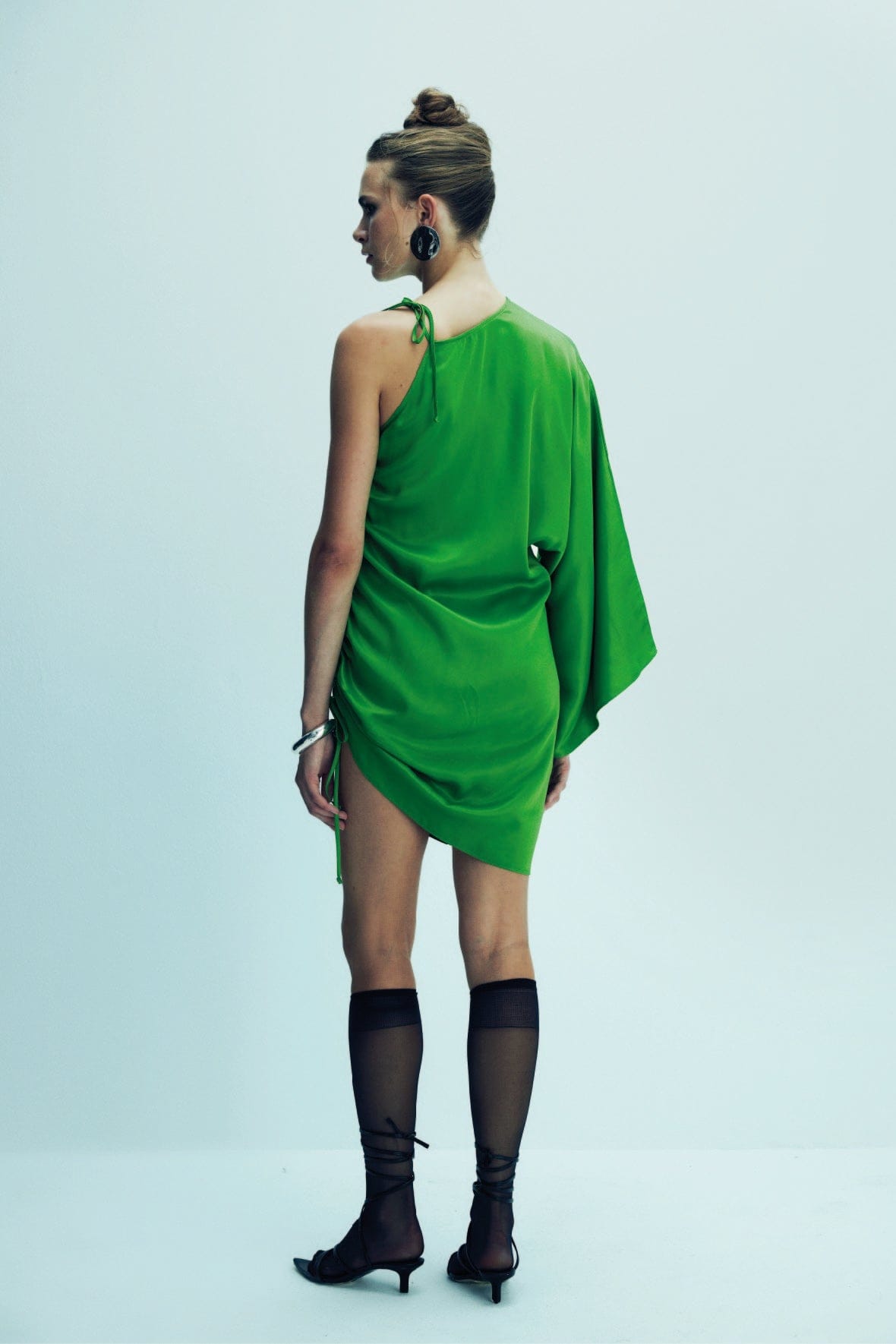 Rocha Asymmetric Mini Satin Dress in Jolly Green made by Nazli Ceren